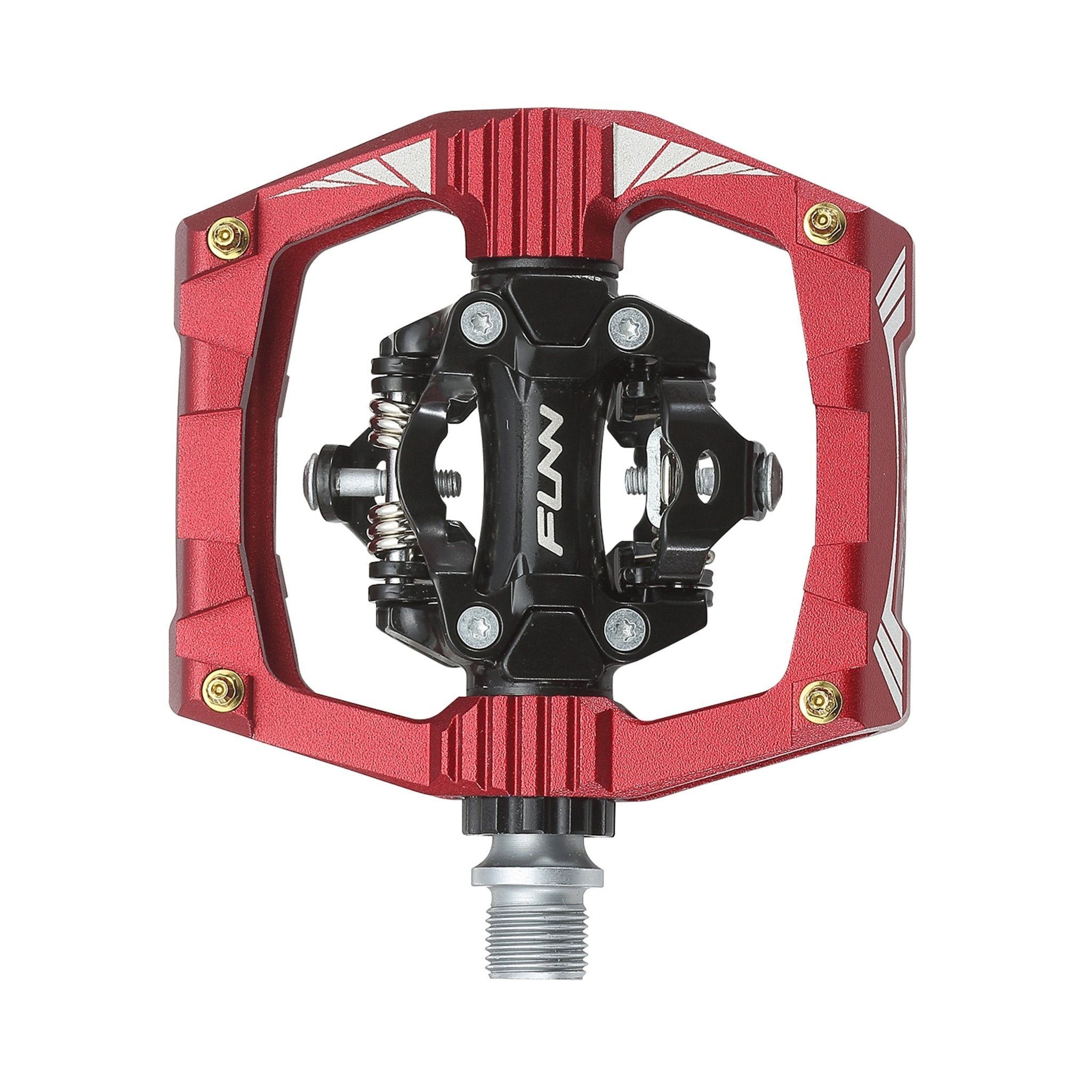 Red FUNN Ripper Clip-In Pedals with SPD-compatible black mechanism and alloy platform for secure mountain bike clip-in riding