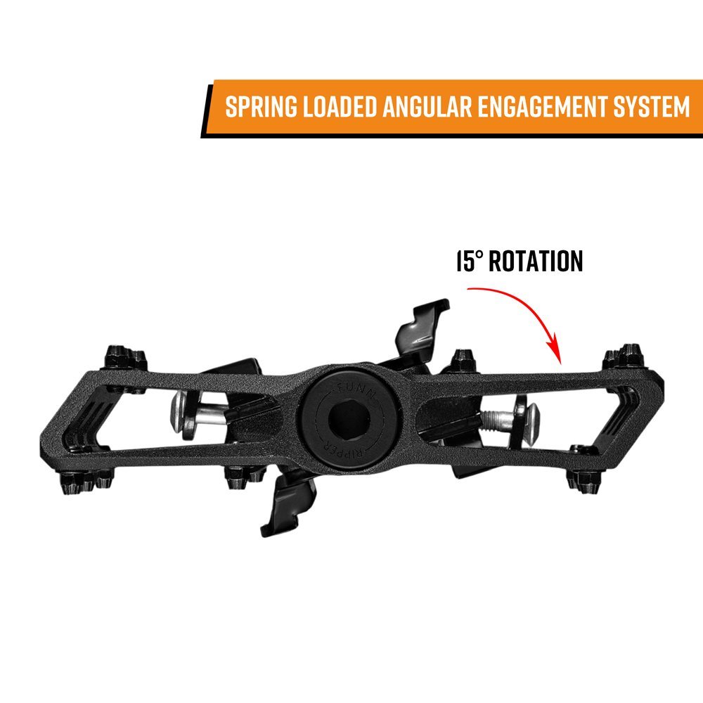 FUNN Ripper2 MTB clip-in pedal, black alloy body with pins, spring-loaded angular engagement system showing 15° rotation