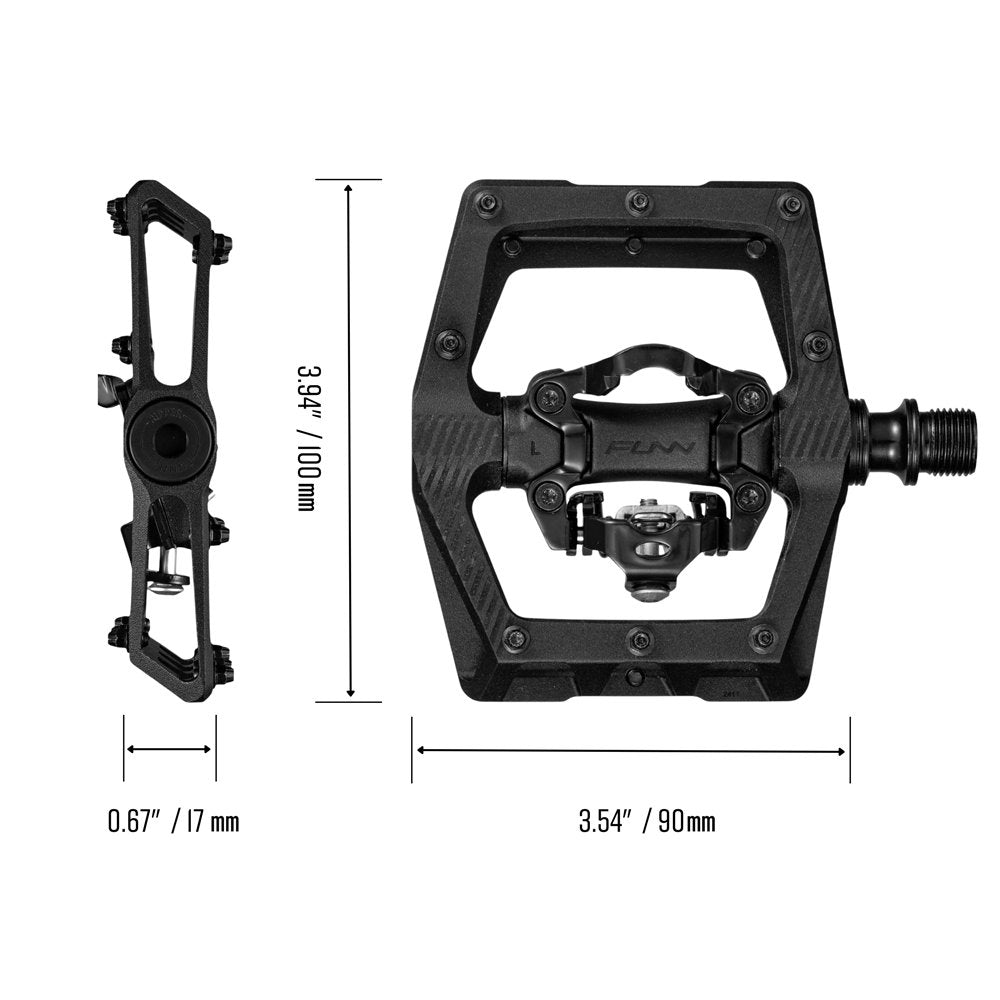 Black FUNN Ripper2 MTB single side clip pedals with wide alloy platform, clip-in mechanism and size dimensions shown in inches/mm