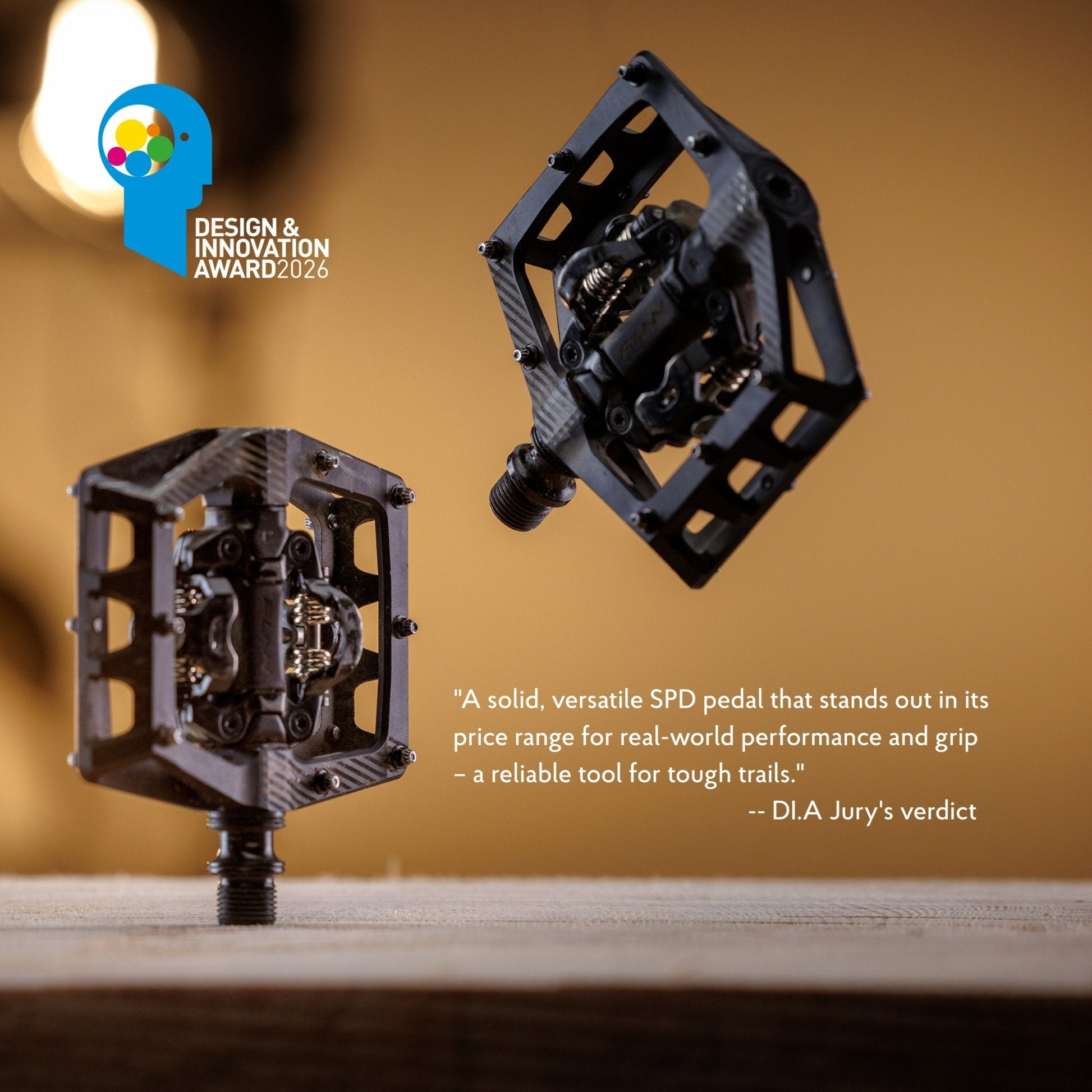 FUNN Ripper2 MTB clip-in pedals, black alloy platform SPD design, 2026 Design & Innovation Award-winning trail component