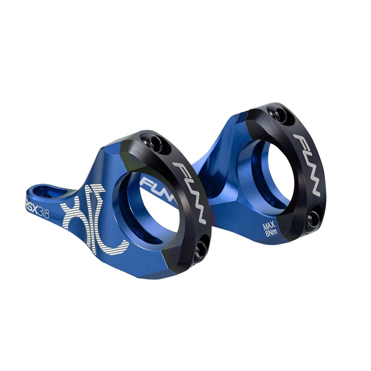 FUNN RSX Direct Mount Stem, blue alloy with black faceplates, 31.8mm clamp and 30mm rise for downhill mountain bike handlebars