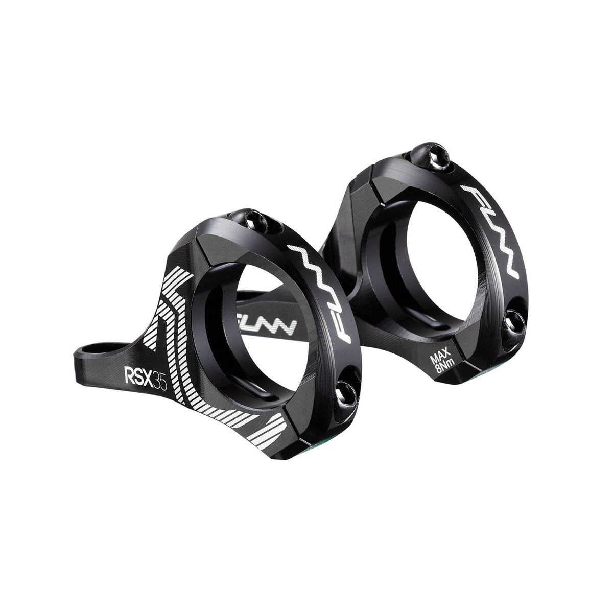 Black FUNN RSX Direct Mount Stem with 35mm clamp and 20mm rise, CNC alloy body, white graphics for downhill handlebars