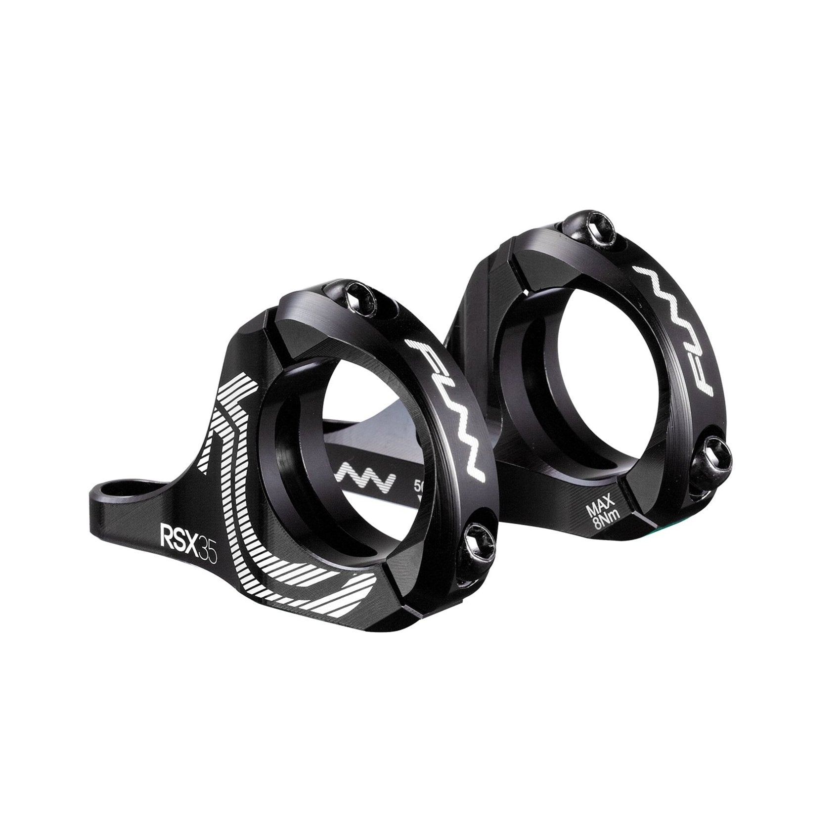 Black CNC alloy FUNN RSX Direct Mount Stem with 35mm clamp and 30mm rise, sleek twin-piece design for MTB handlebars