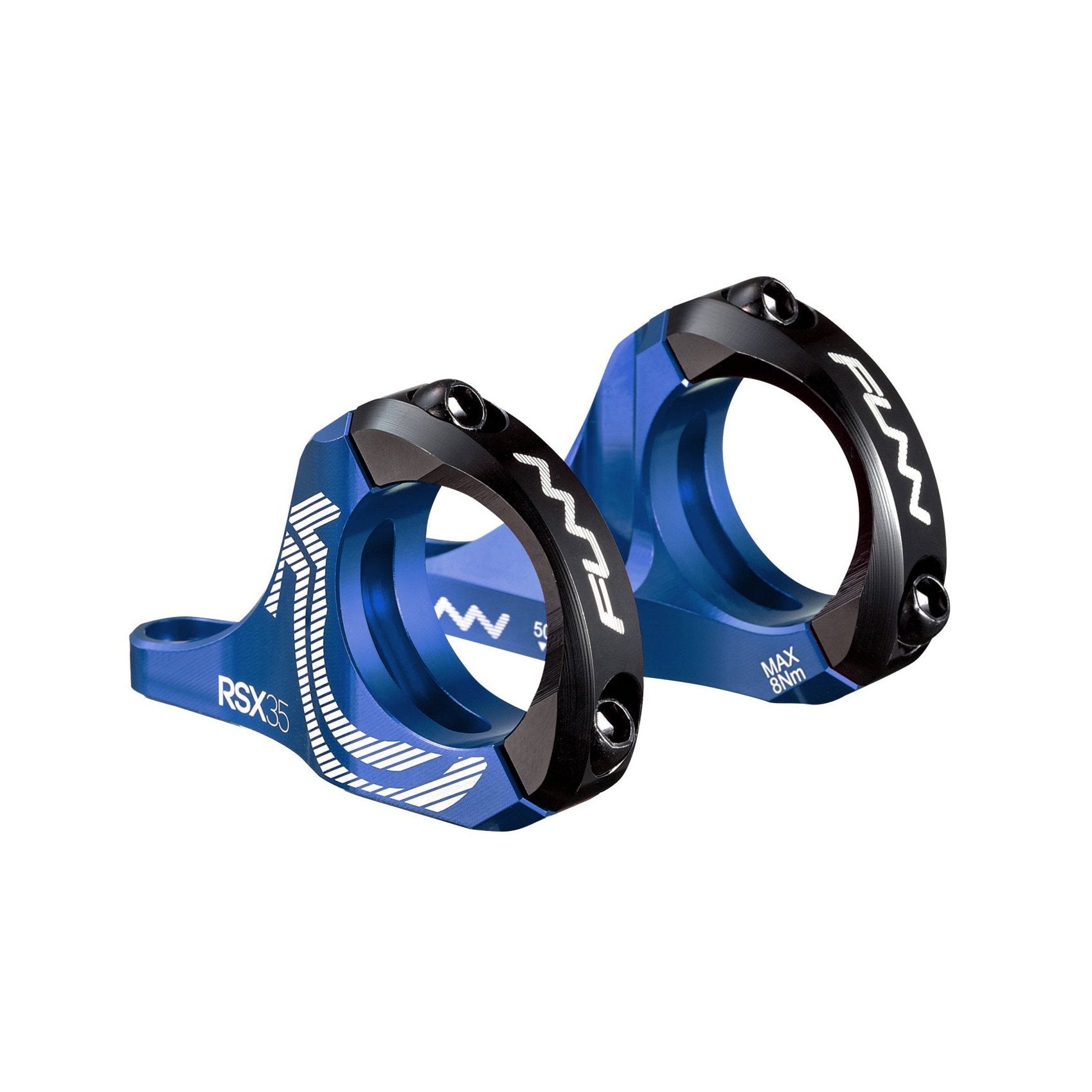 FUNN RSX35 blue and black CNC alloy stem mounts, round clamp design for secure mountain bike handlebar attachment