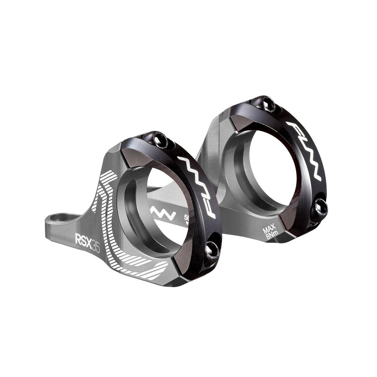 FUNN RSX Direct Mount Stem, 35mm clamp, 30mm rise in grey and black alloy, dual clamp design for downhill mountain bike bars