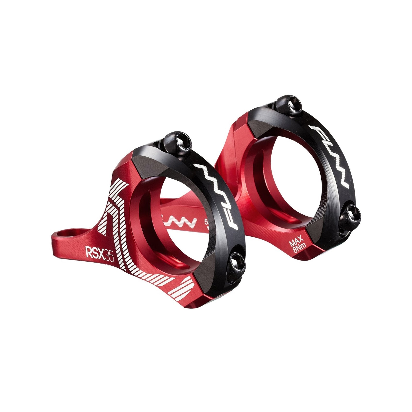 Red and black FUNN RSX Direct Mount Stem with 35mm clamp and 20mm rise, CNC alloy bike stem for downhill handlebars