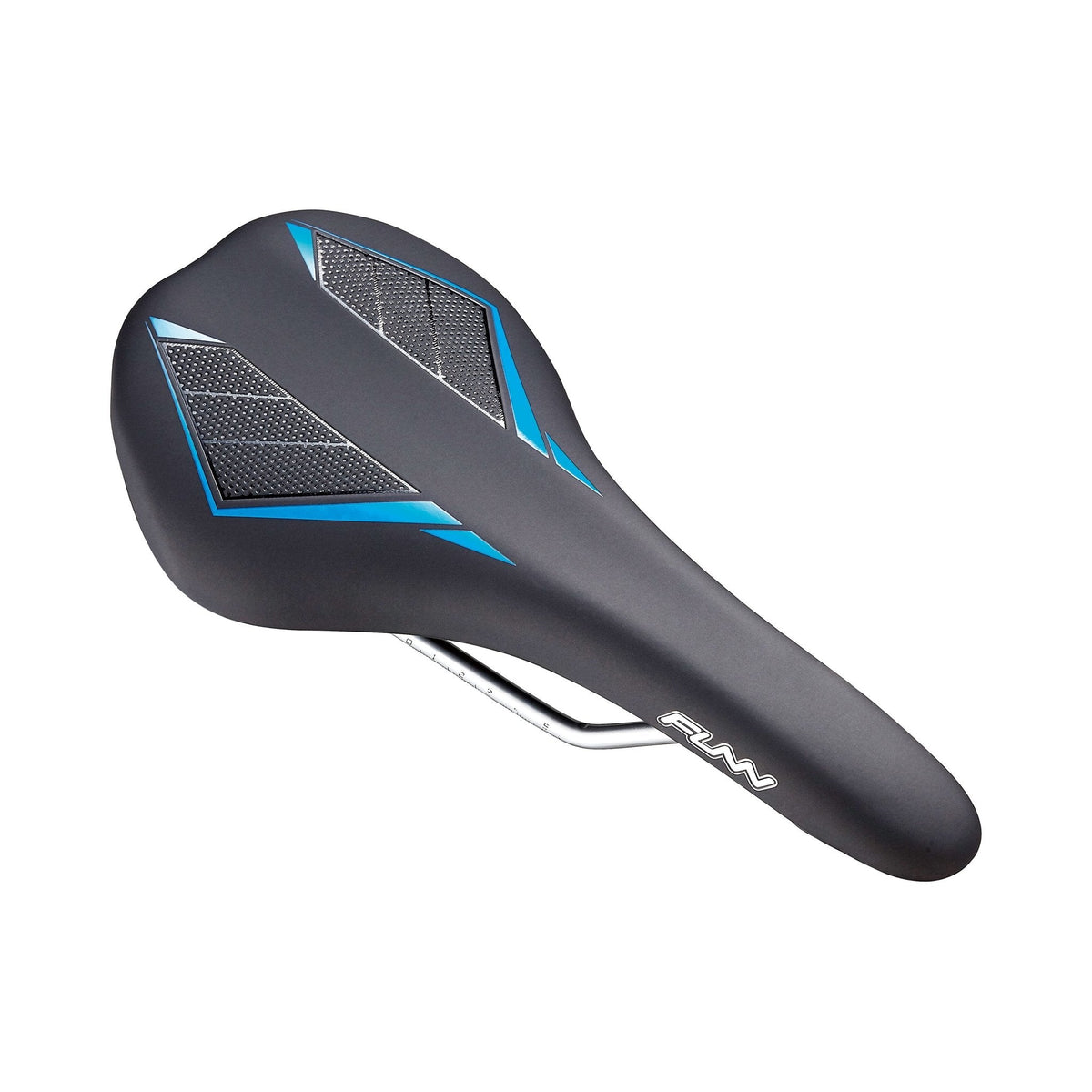 FUNN Skinny Saddle, slim black bike seat with blue and gray grip panels and metal rails for lightweight performance riding