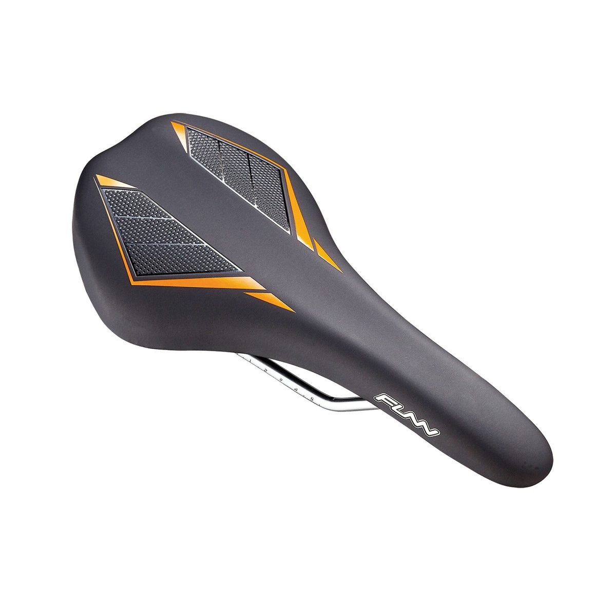 FUNN Skinny Saddle, slim black bike seat with orange graphics and padded surface on metal rails for lightweight cycling comfort