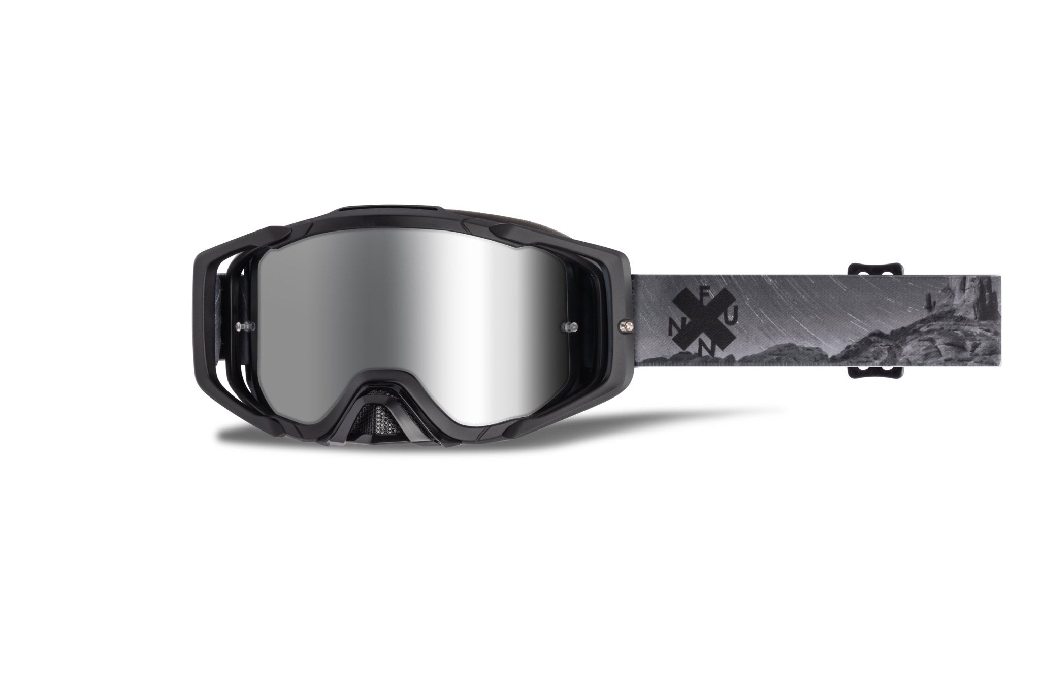 Soljam Goggle by FUNN, black MTB goggles with mirrored lens and graphic elastic strap for eye protection.