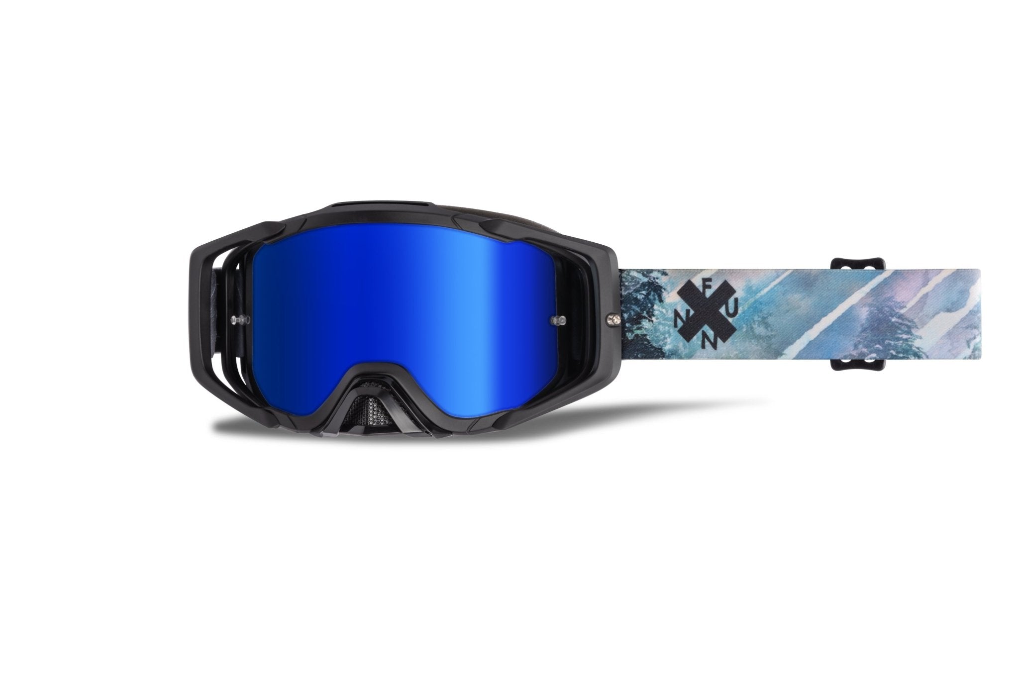 Soljam Goggle with blue mirrored lens, black frame and FUNN logo strap, protective MTB and snow sports eye gear