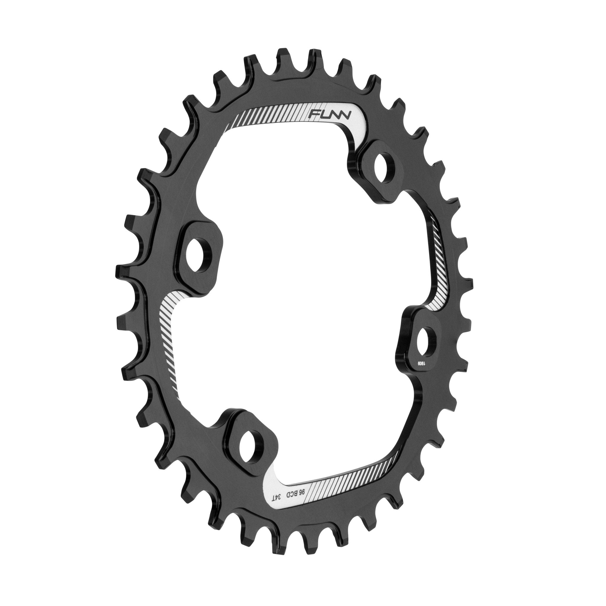 Black aluminum FUNN Solo 96 Narrow-Wide Chainring with offset teeth and 4-bolt mount for single-ring MTB drivetrain setups