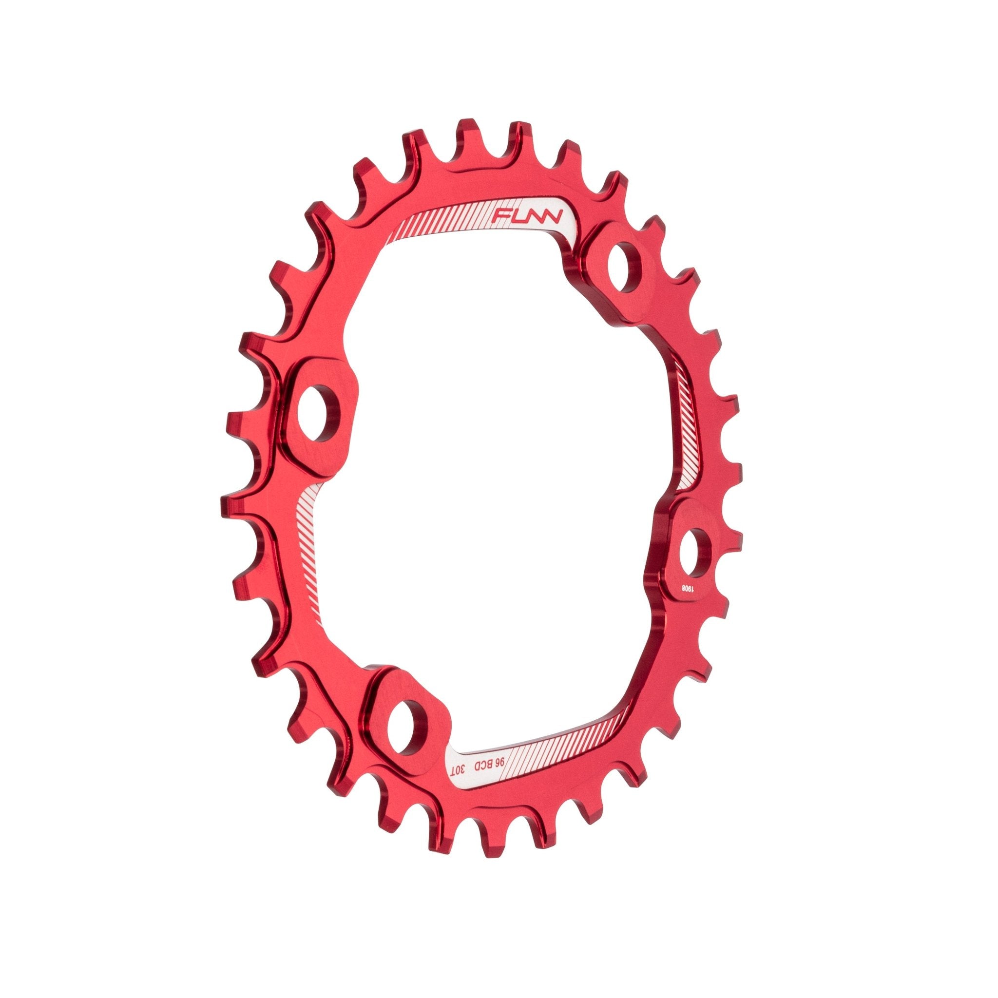 Red aluminum FUNN Solo 96 Narrow-Wide Chainring, round single chainring with machined teeth and 4-bolt mounting for MTB drivetrains