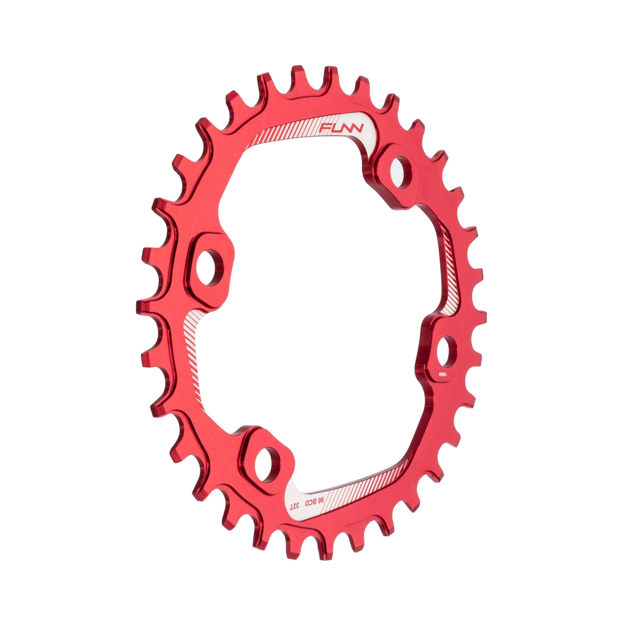 Red aluminum FUNN Solo 96 Narrow-Wide Chainring with machined teeth and 4-bolt mounting for single-ring MTB drivetrains