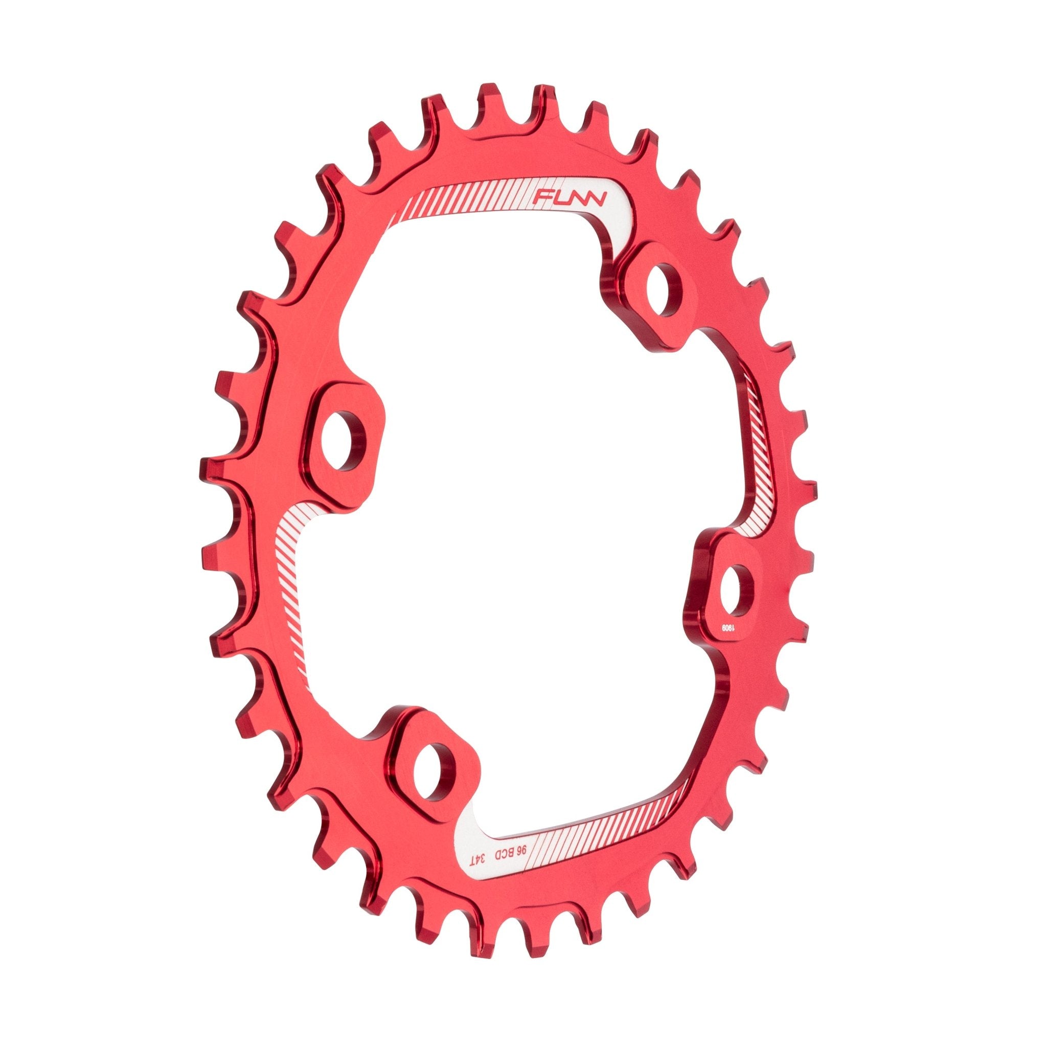 Red aluminum FUNN Solo 96 Narrow-Wide Chainring with machined teeth and 4-bolt pattern for mountain bike drivetrain performance