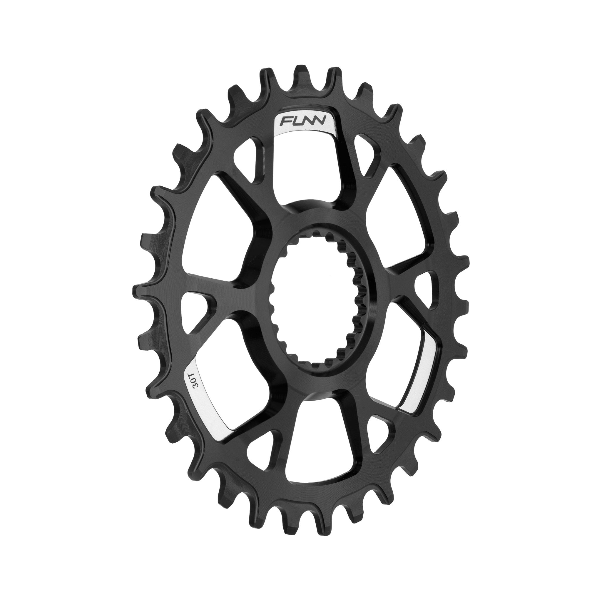 Black aluminum FUNN Solo DS Narrow-Wide Chainring with machined teeth and splined center for secure single-ring drivetrain use