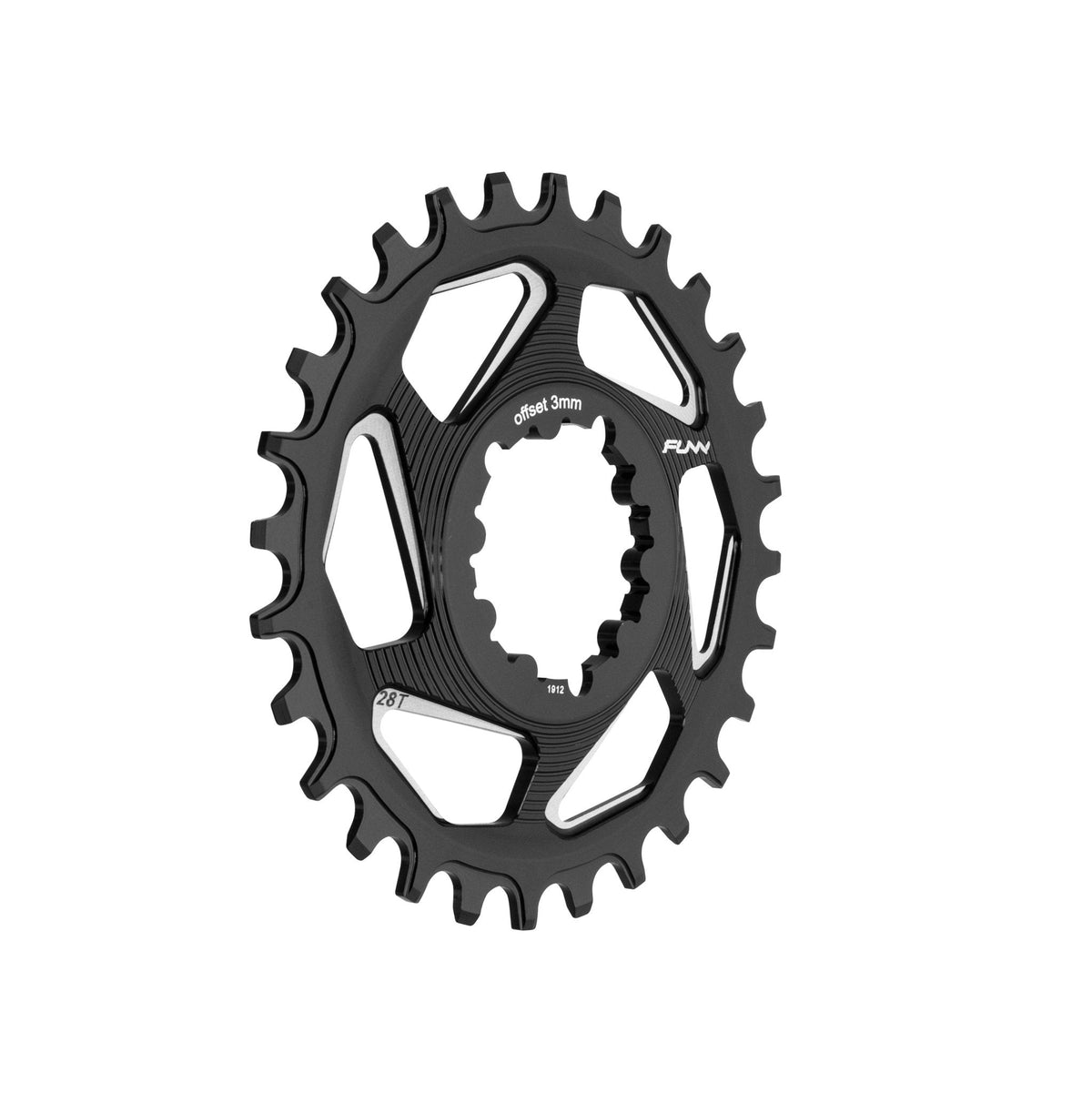 Black aluminum FUNN Solo DX narrow-wide chainring with 28T teeth and 3mm offset for single-ring MTB drivetrains