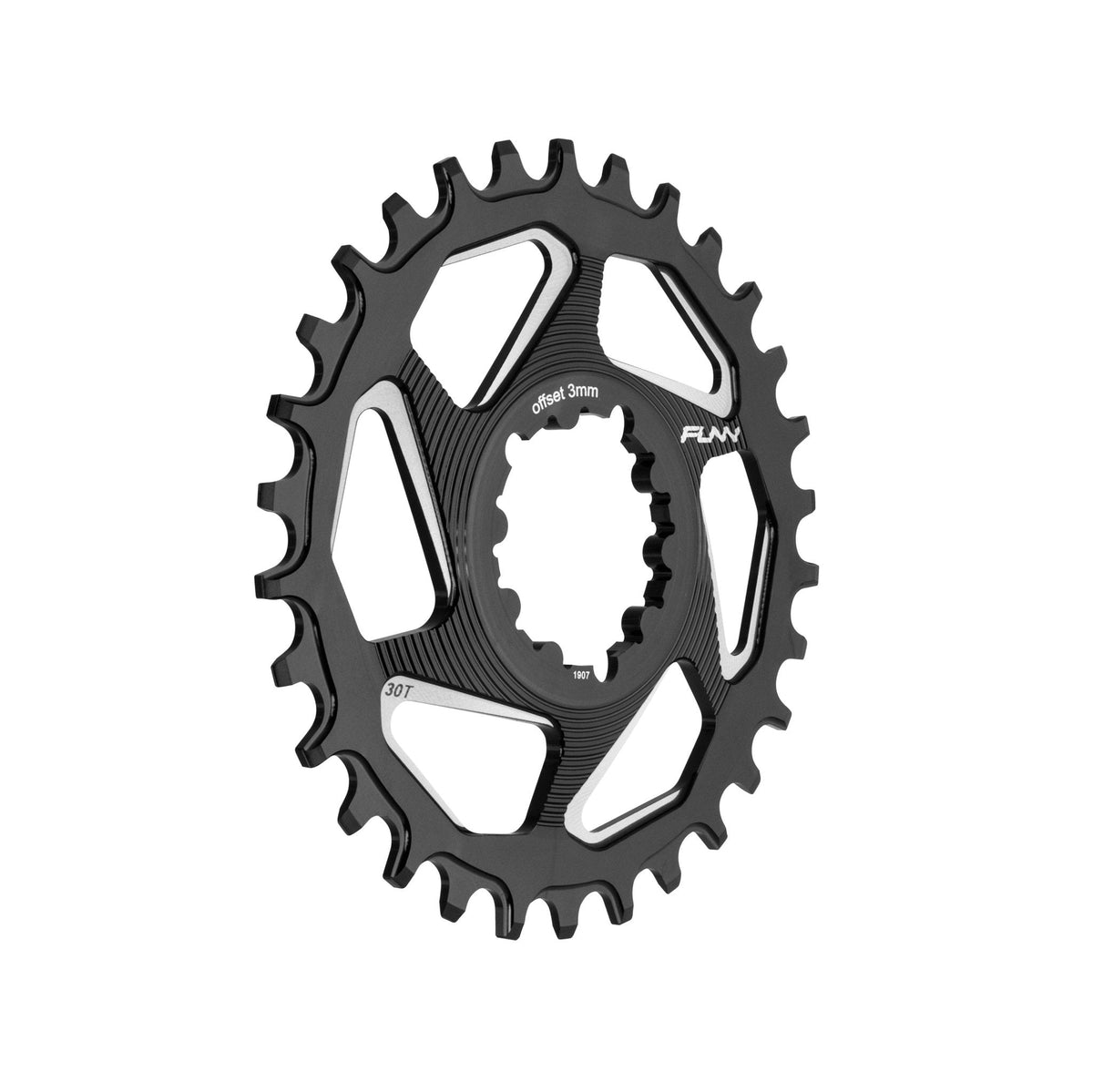 Black FUNN Solo DX Narrow-Wide Chainring, 30T alloy bike chainring with 3mm offset and machined tooth profile for drivetrain control
