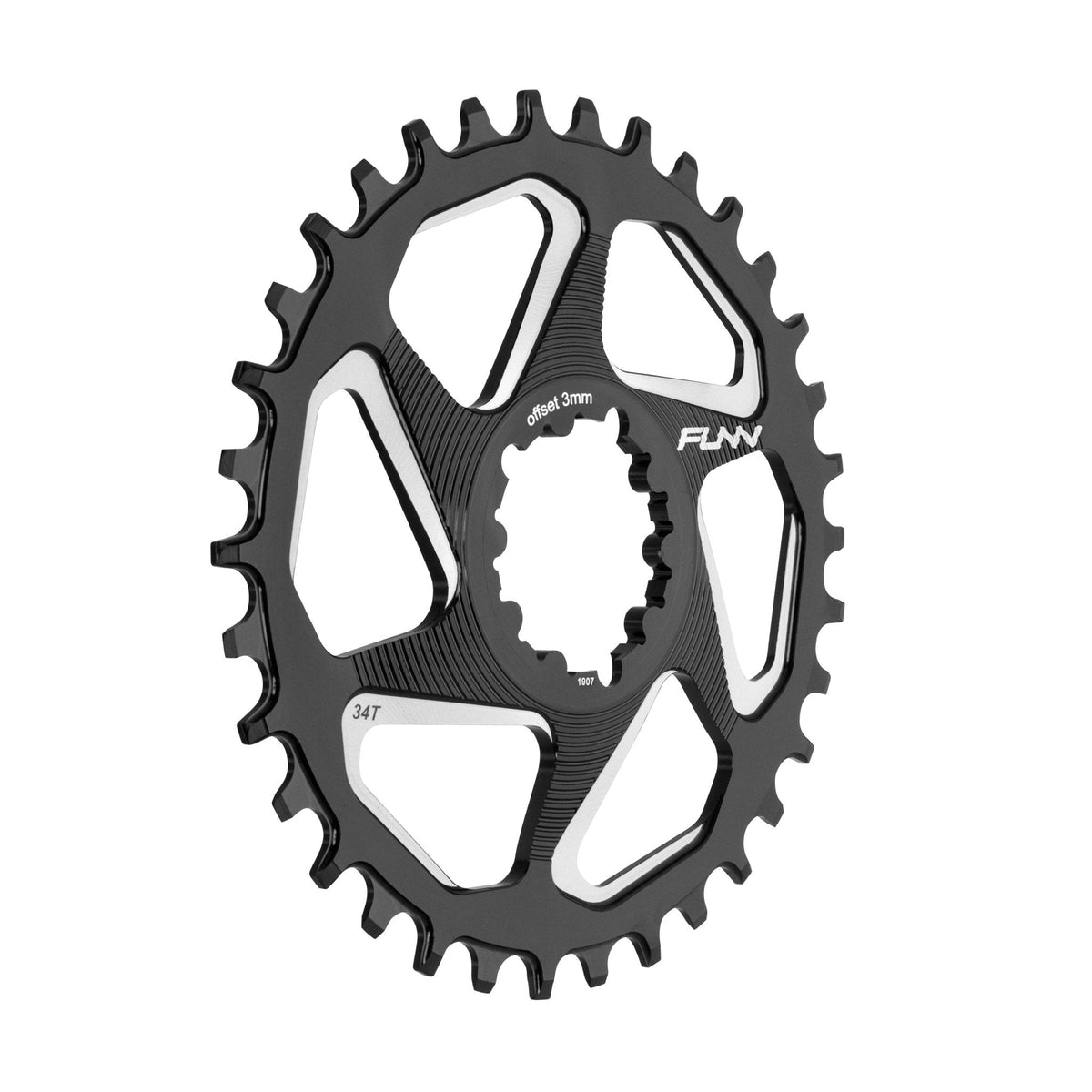 Black and silver FUNN Solo DX Narrow-Wide Chainring, 34T alloy MTB chainring with 3mm offset and narrow-wide teeth design