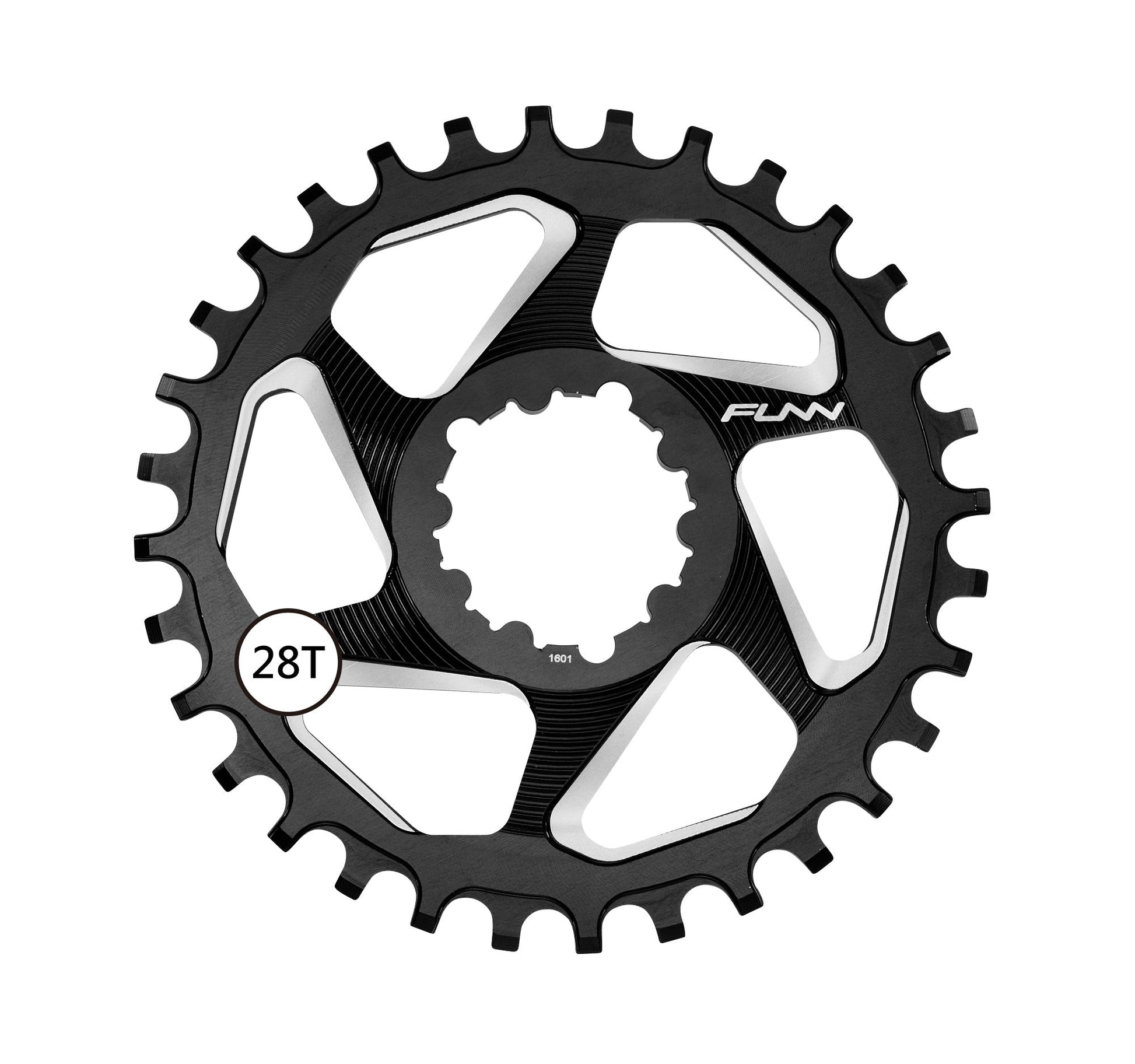 Funn mountain bike components - Solo DX Narrow - Wide Chainring Black 6mm 28T in a white background.