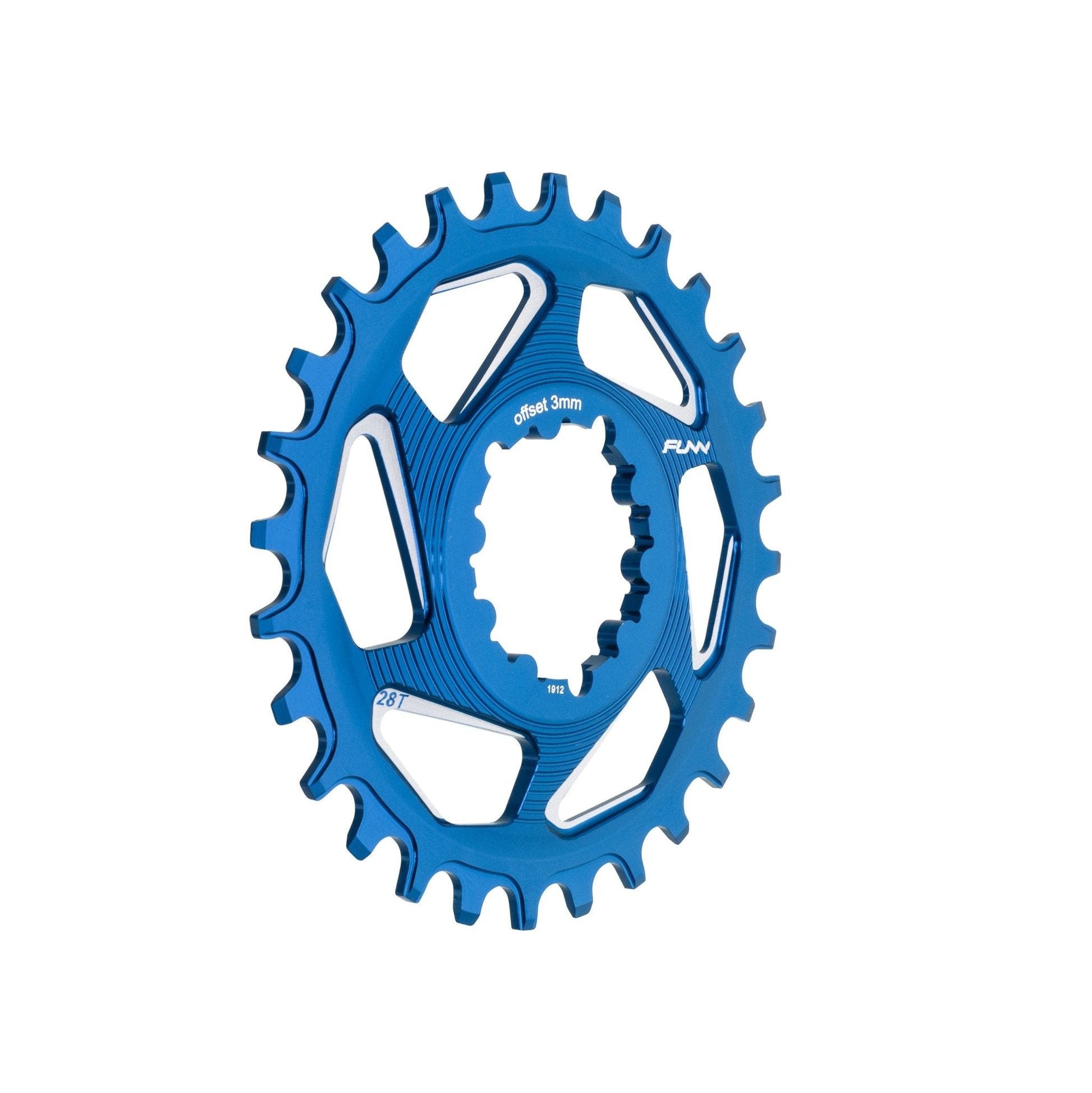 Funn mountain bike components - Solo DX Narrow - Wide Chainring Blue 3mm (Boost) 28T in a white background.