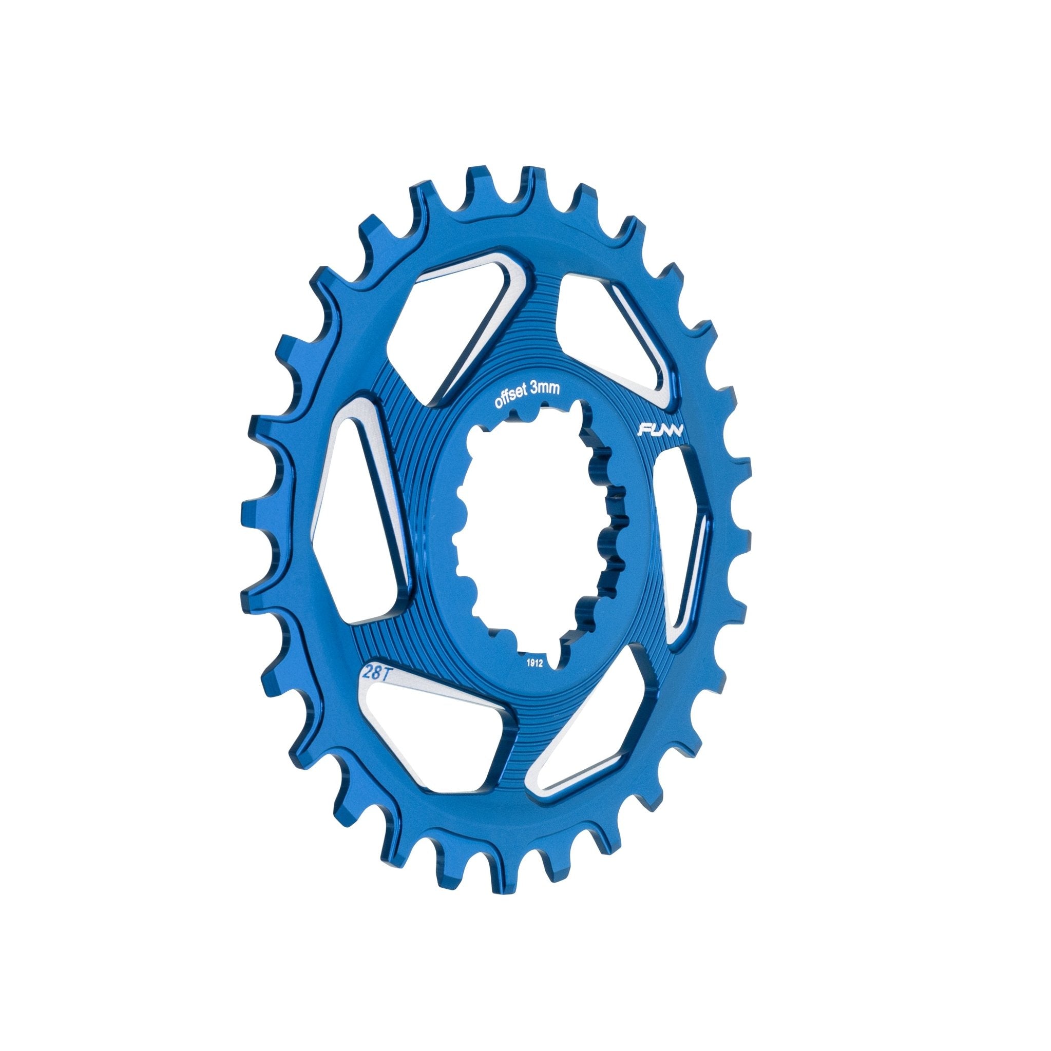 Blue aluminum FUNN Solo DX Narrow-Wide Chainring with 28T teeth and 3mm offset for single-ring mountain bike drivetrains