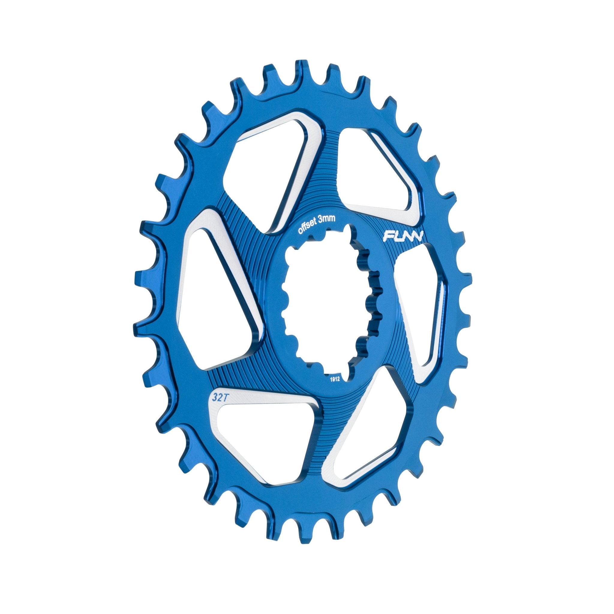 Blue aluminum FUNN Solo DX Narrow-Wide Chainring, 32T drivetrain ring with machined cutouts and offset for MTB performance
