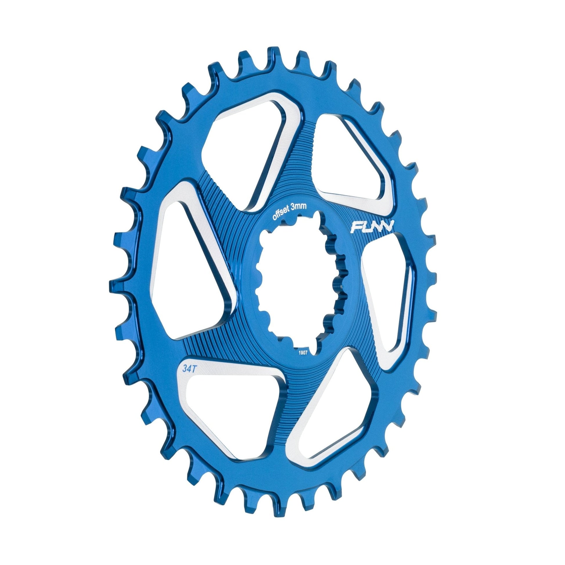 Funn mountain bike components - Solo DX Narrow - Wide Chainring Blue 3mm (Boost) 34T in a white background.