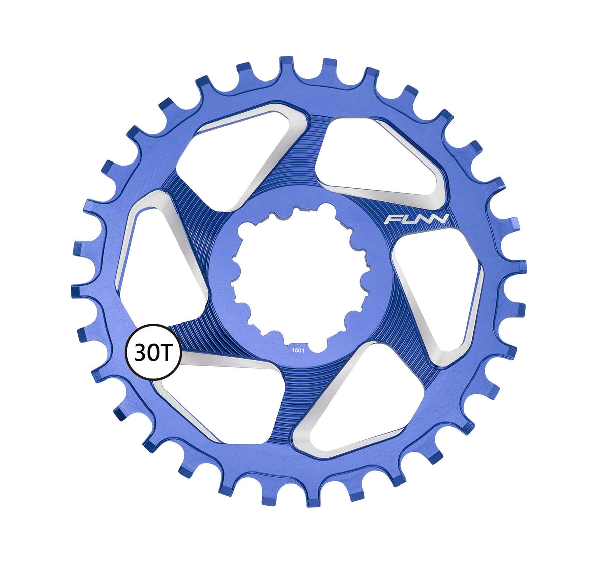 Blue aluminum FUNN Solo DX Narrow-Wide Chainring, 30T, CNC machined with alternating teeth for secure MTB drivetrain performance