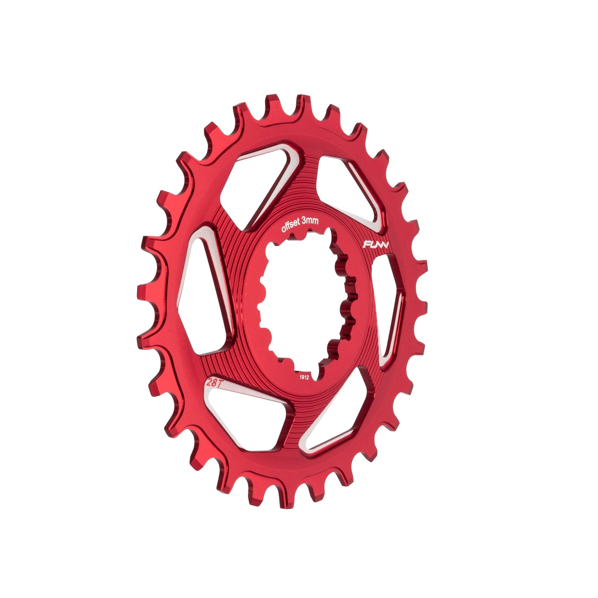 Red aluminum FUNN Solo DX Narrow-Wide Chainring with 3mm offset, 28T teeth for secure single-chain MTB drivetrain.