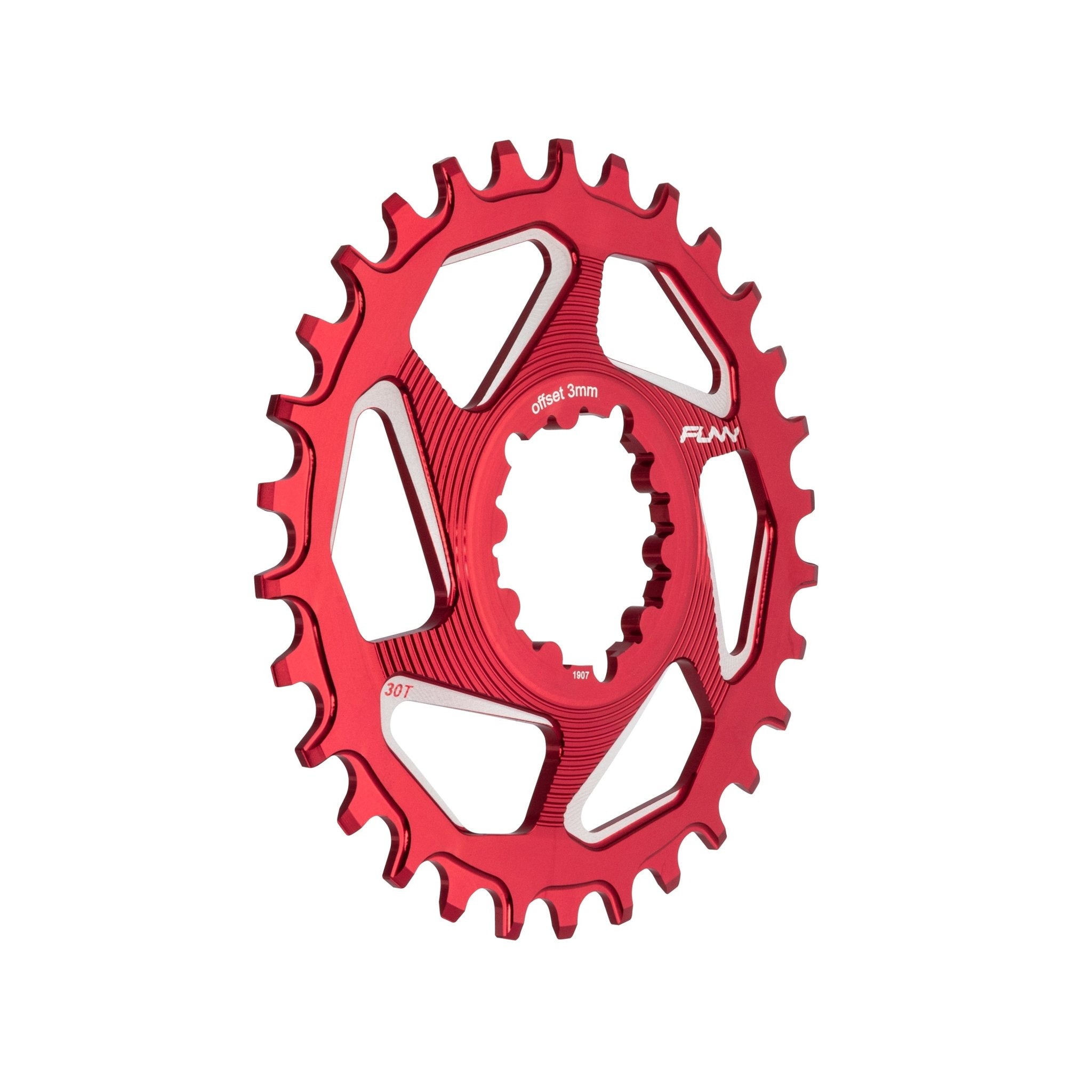 Red aluminum FUNN Solo DX narrow-wide chainring with machined cutouts and offset teeth for secure MTB drivetrain performance