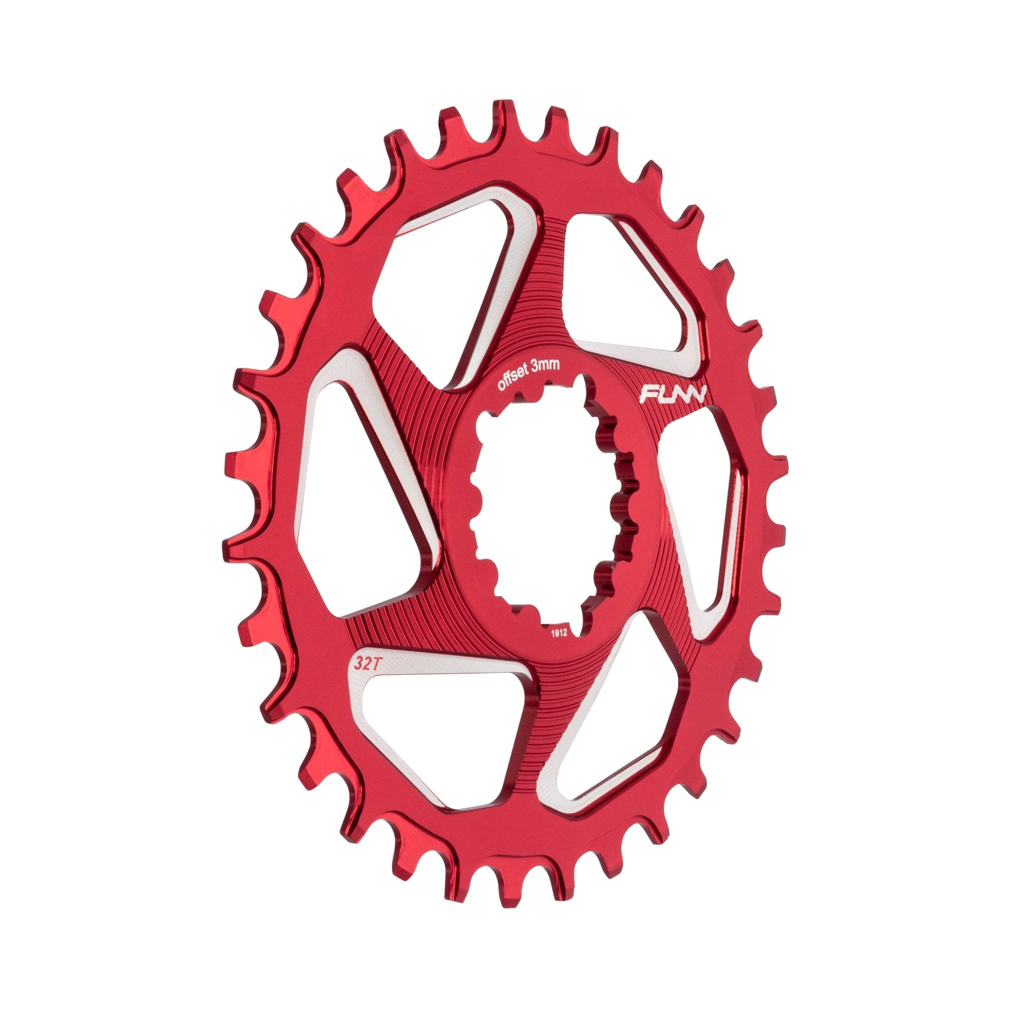 Red aluminum FUNN Solo DX Narrow-Wide Chainring, 32T with 3mm offset, lightweight drivetrain upgrade for mountain bikes