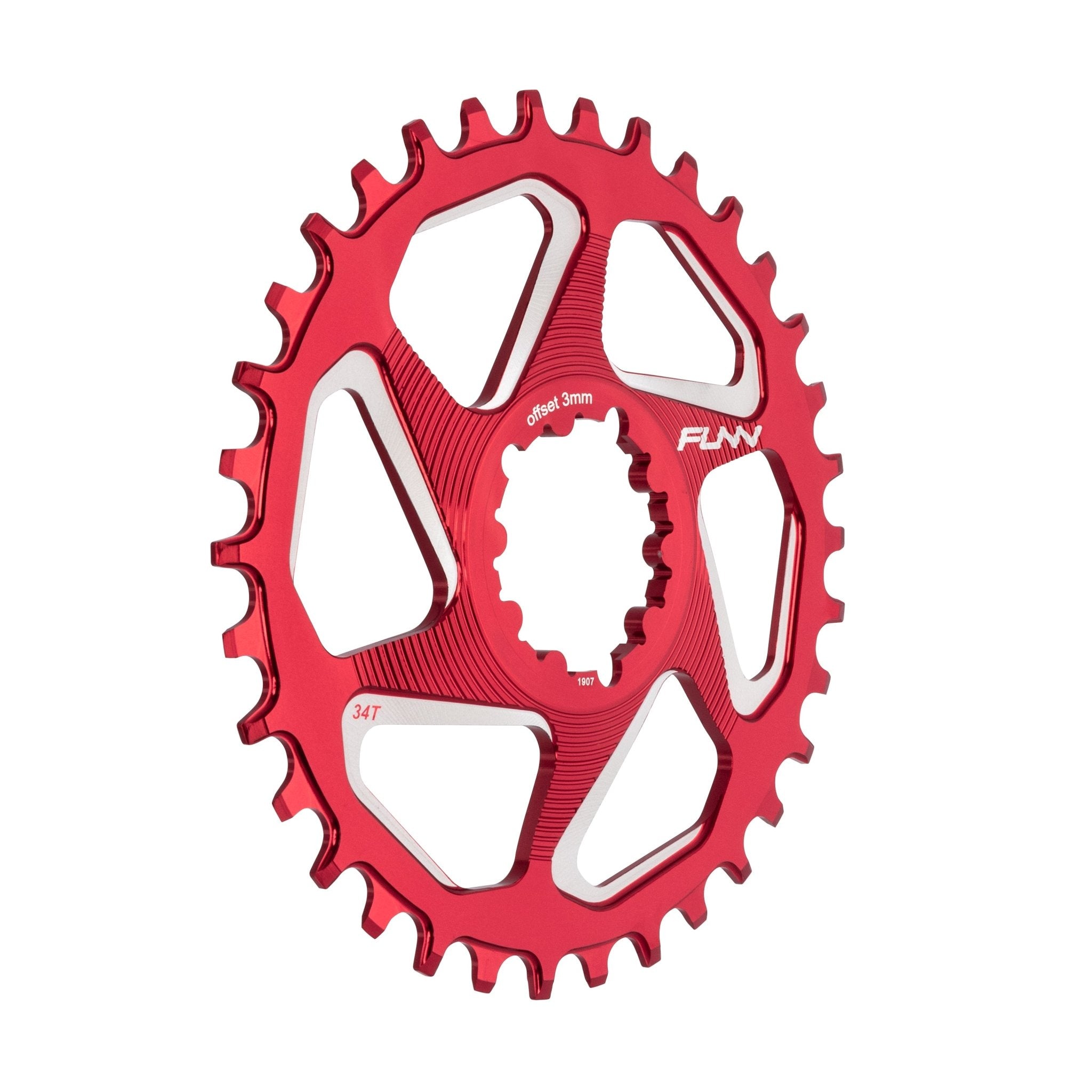 Red FUNN Solo DX Narrow-Wide Chainring, 34T CNC alloy with offset 3mm, narrow-wide teeth for secure single chain setup