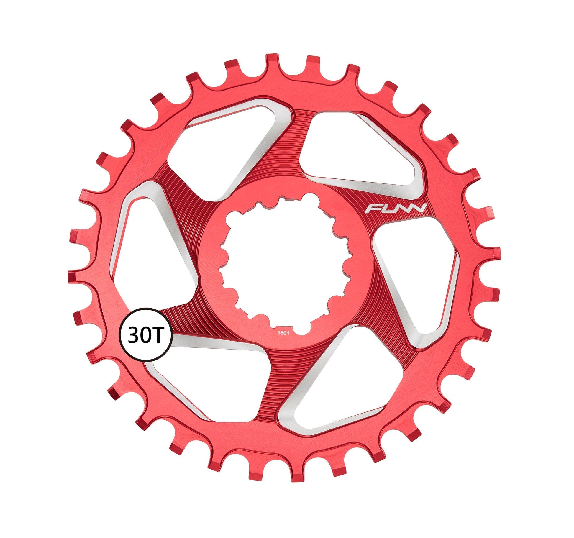 Funn mountain bike components - Solo DX Narrow - Wide Chainring Red 6mm 30T in a white background.