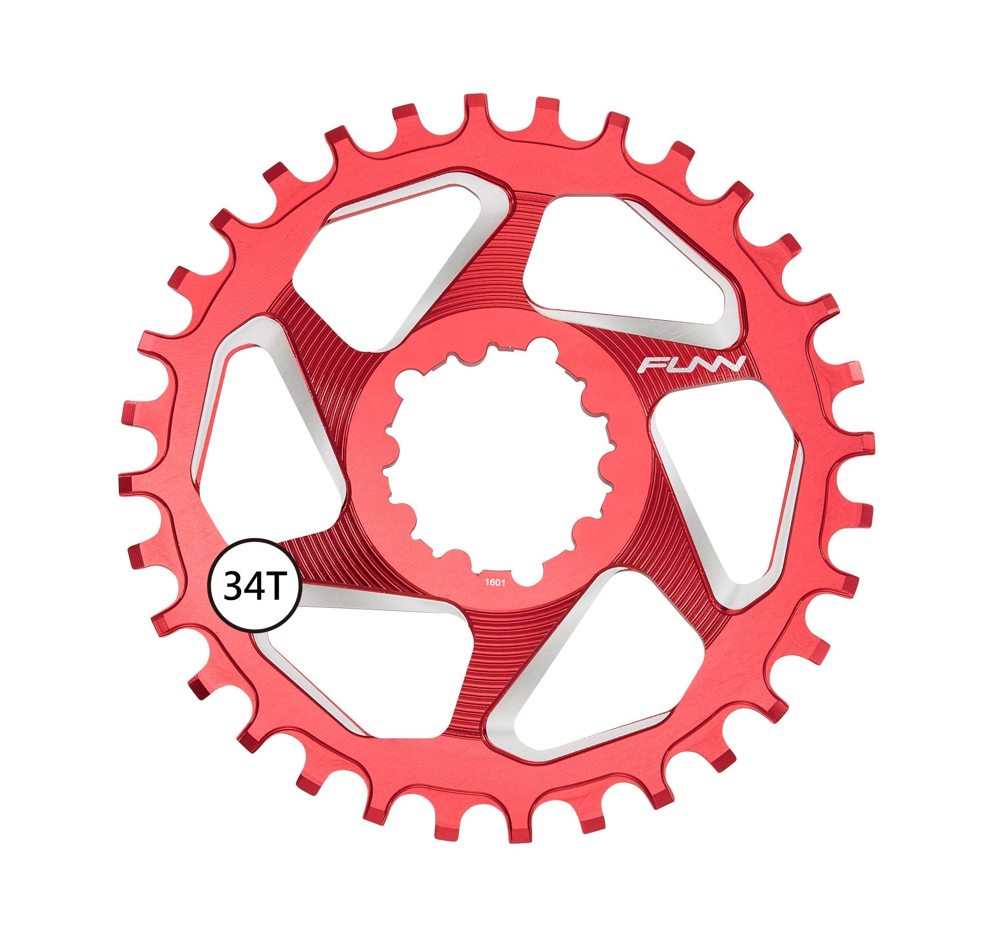 Red aluminum FUNN Solo DX Narrow-Wide Chainring, 34T, lightweight round MTB chainring for single-ring drivetrains