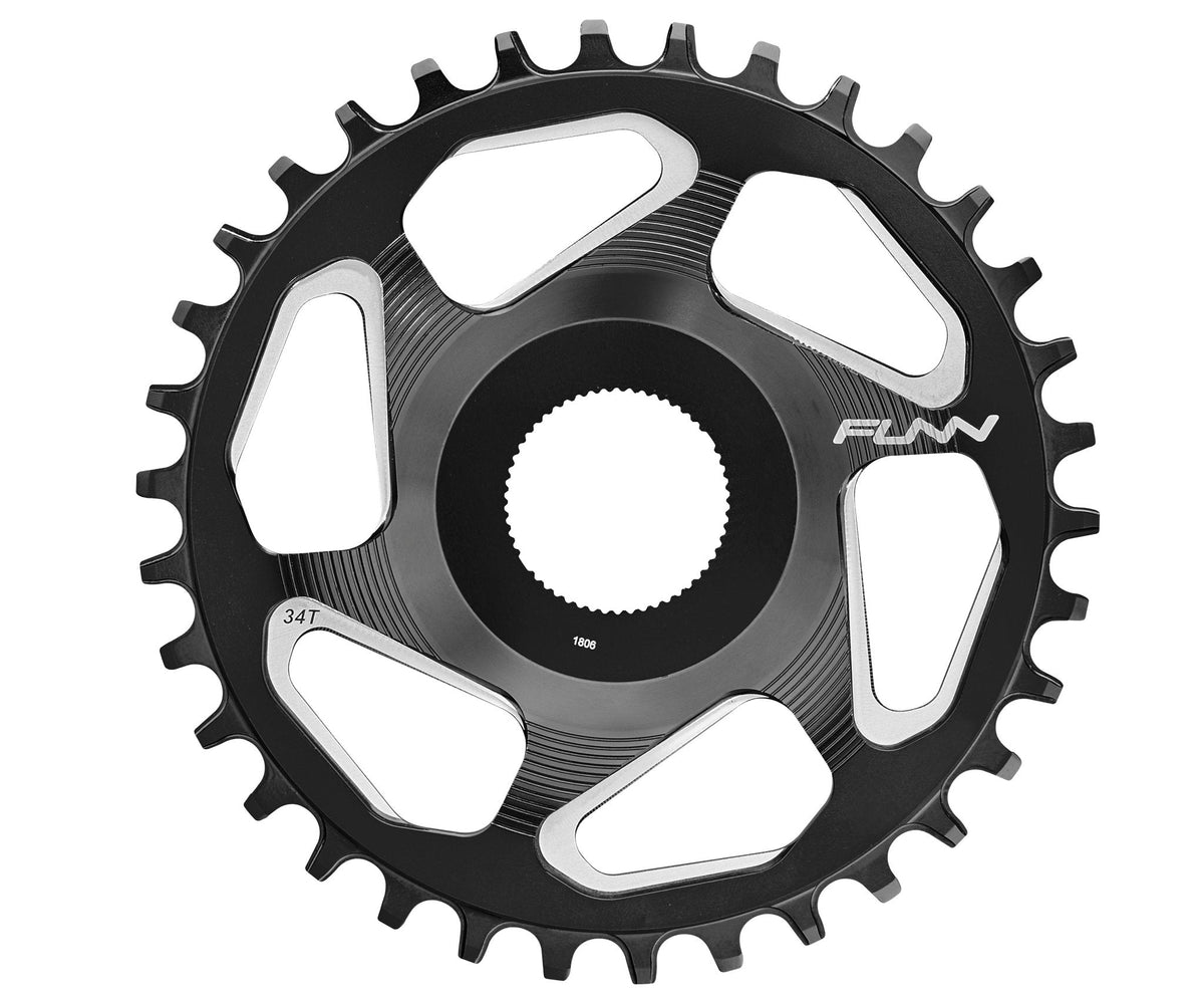 Black and silver FUNN Solo ES narrow-wide chainring, round alloy 34T design for MTB drivetrain chain retention and performance