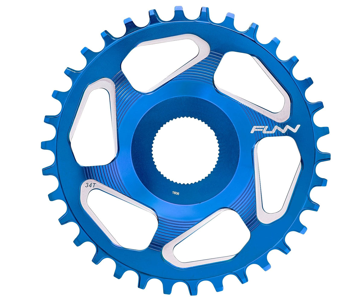 FUNN Solo ES Narrow-Wide Chainring, blue alloy 34T round chainring with cut-out spokes for lightweight MTB drivetrain performance