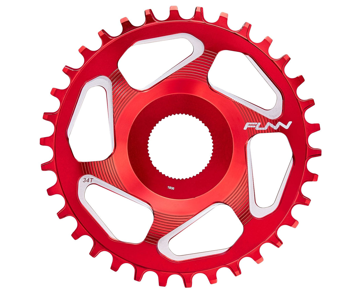 Red anodized FUNN Solo ES Narrow-Wide Chainring, aluminum 34T round MTB cog with machined cutouts for 1x drivetrain use