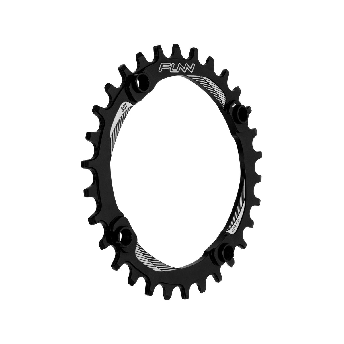 Black FUNN Solo Narrow-Wide Chainring 30t, alloy round design with 104BCD bolt pattern for single-chainring MTB drivetrains