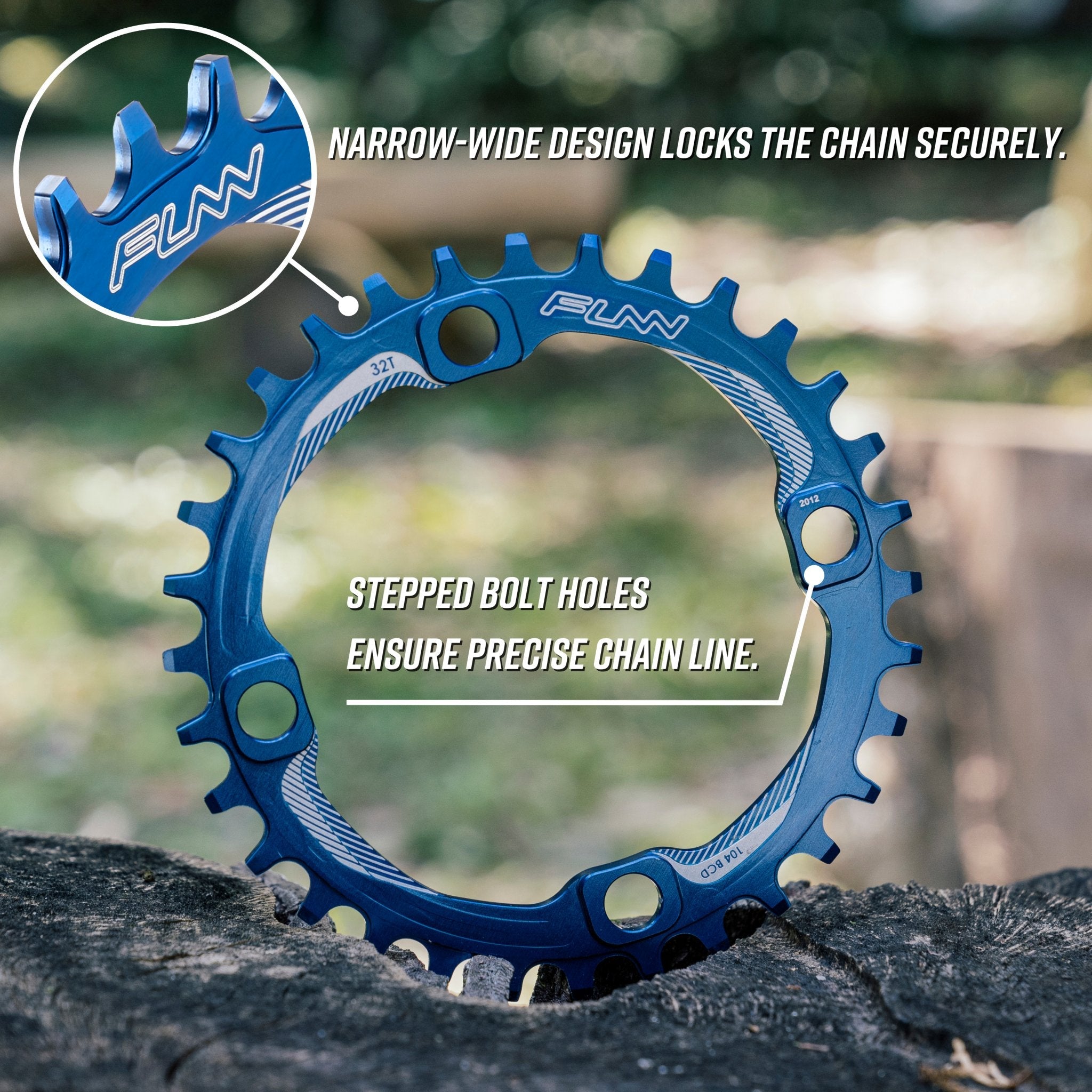 Blue anodized FUNN Solo Narrow-Wide Chainring, alloy 104BCD round ring with narrow wide teeth and stepped bolt holes.