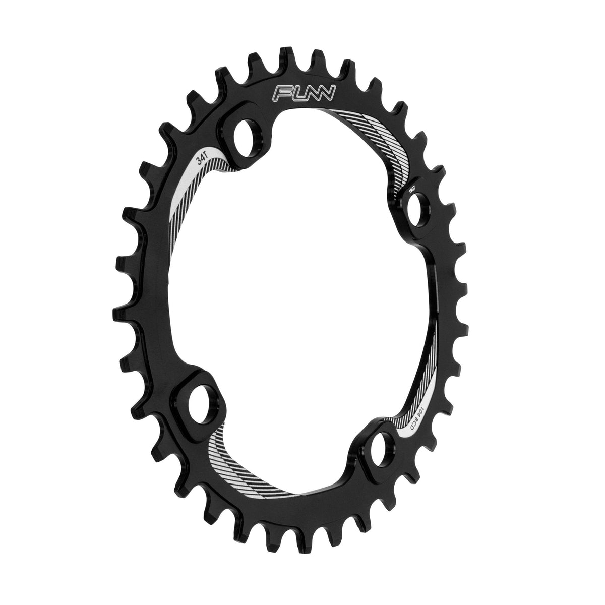 Black FUNN Solo Narrow-Wide Chainring, 34t, 104BCD bolt pattern, CNC alloy round ring with alternating teeth for chain retention
