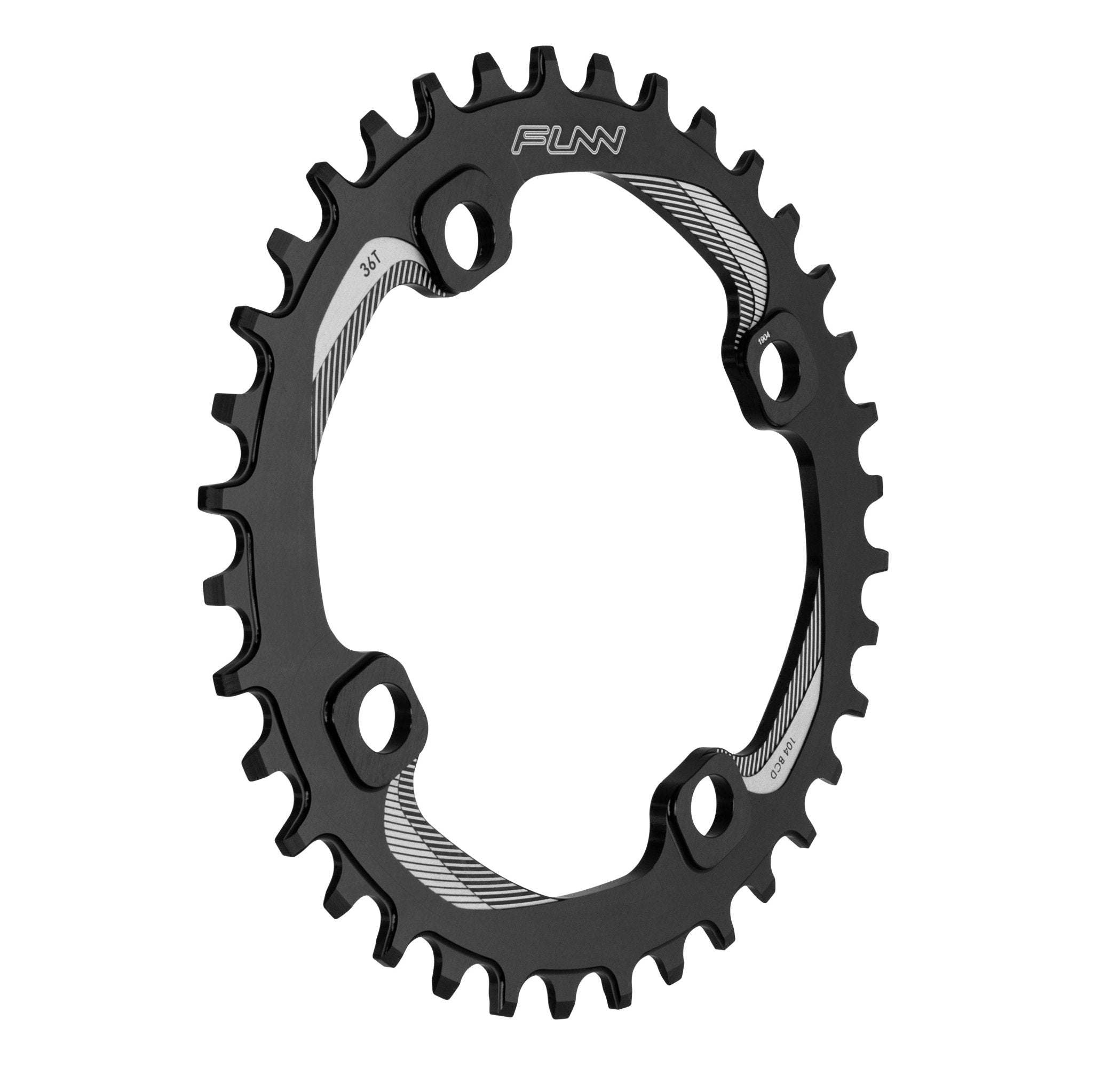 Black FUNN Solo Narrow-Wide Chainring 36t, alloy construction with 104BCD bolt pattern and alternating wide-narrow teeth