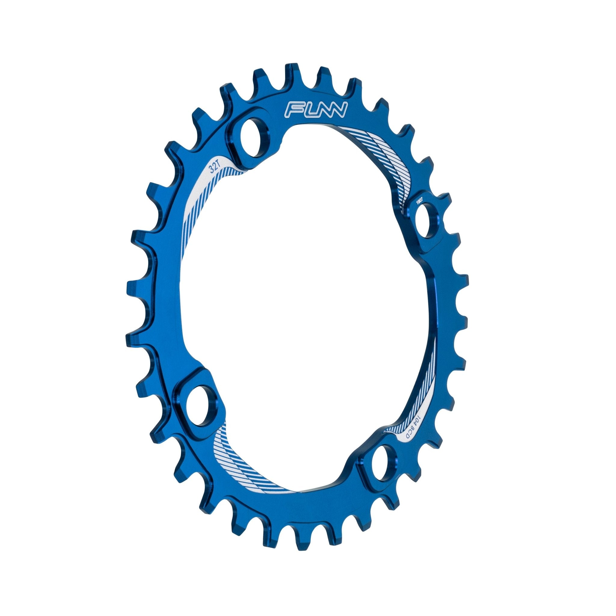Blue FUNN Solo Narrow-Wide Chainring 32t, alloy round design with 104BCD bolt pattern for single-ring MTB drivetrains