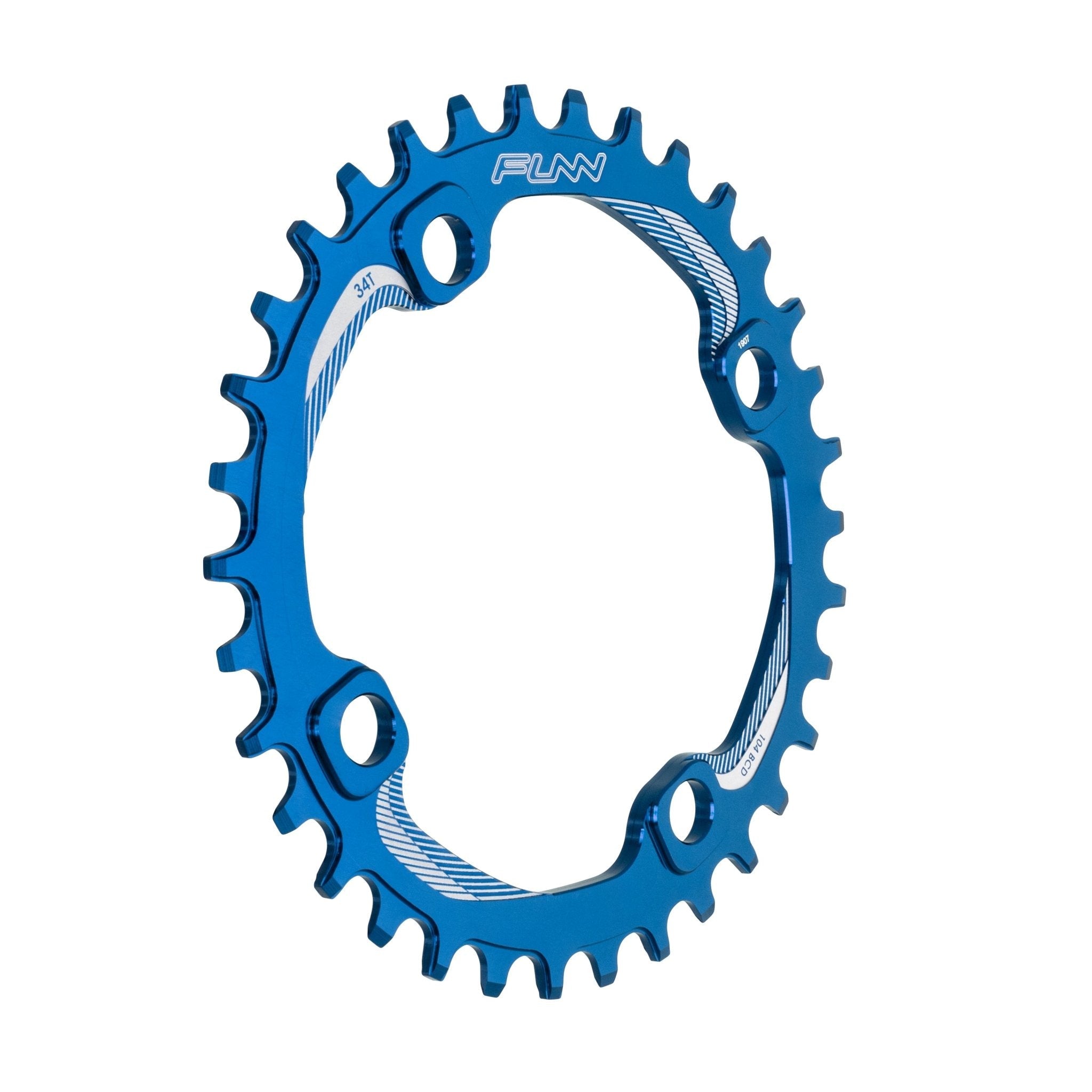 Blue aluminum FUNN Solo Narrow-Wide Chainring 34t with 104BCD bolt pattern and machined teeth for secure MTB drivetrain performance