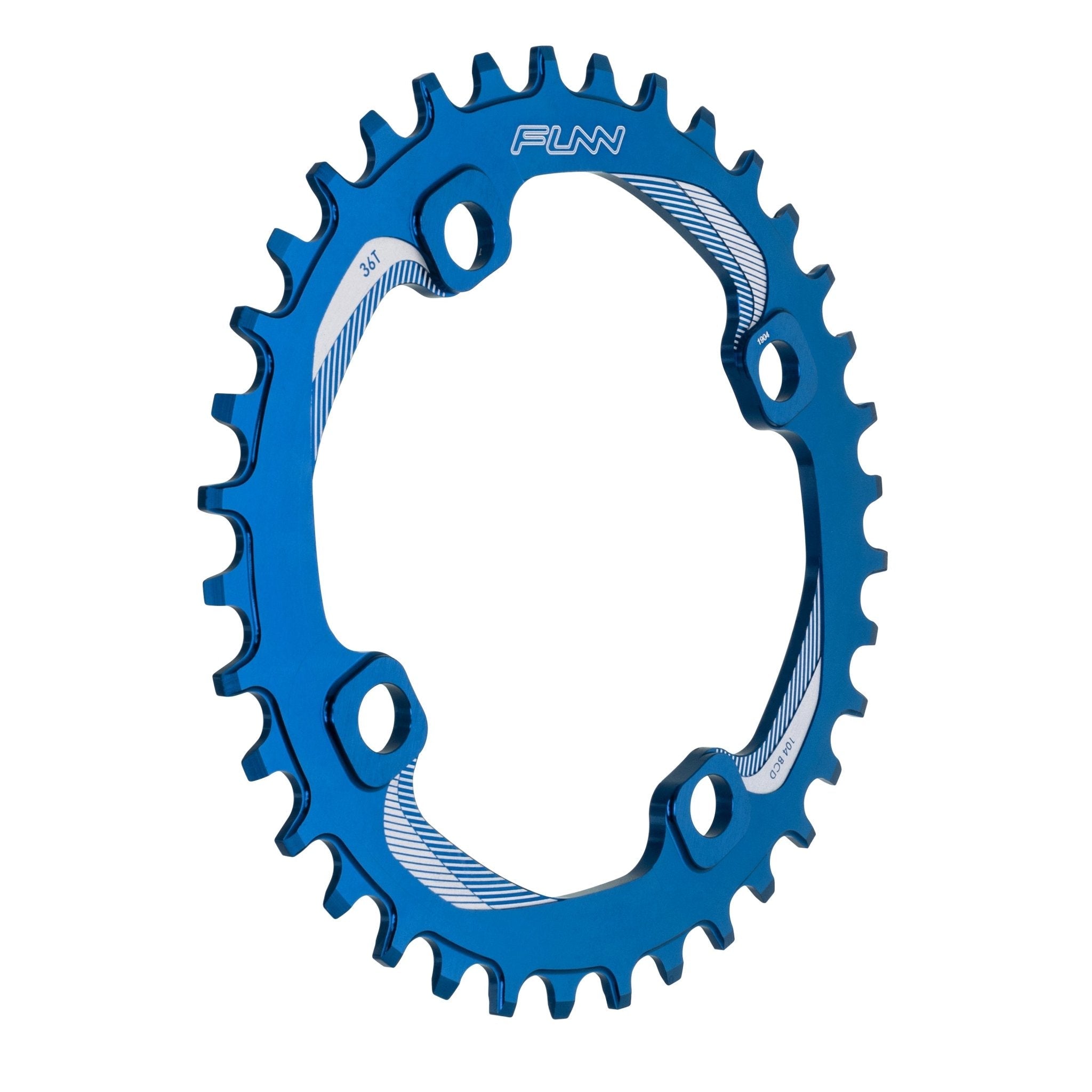 Blue FUNN Solo Narrow-Wide Chainring 36t, 104BCD bolt pattern, CNC alloy round ring with tall-low teeth for chain retention