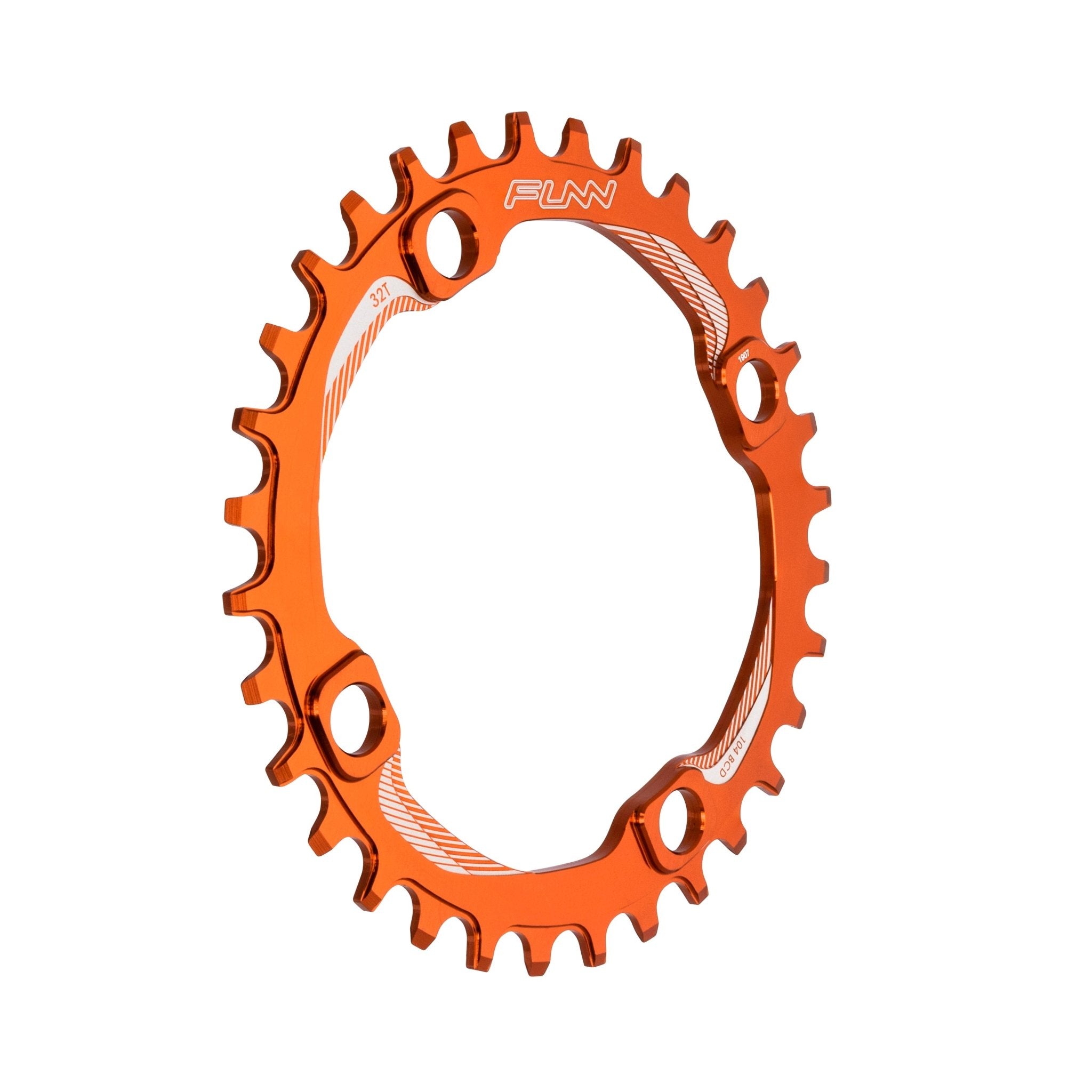 Orange alloy FUNN Solo Narrow-Wide Chainring, 32t, 104mm BCD, round single-ring design for mountain bike drivetrains