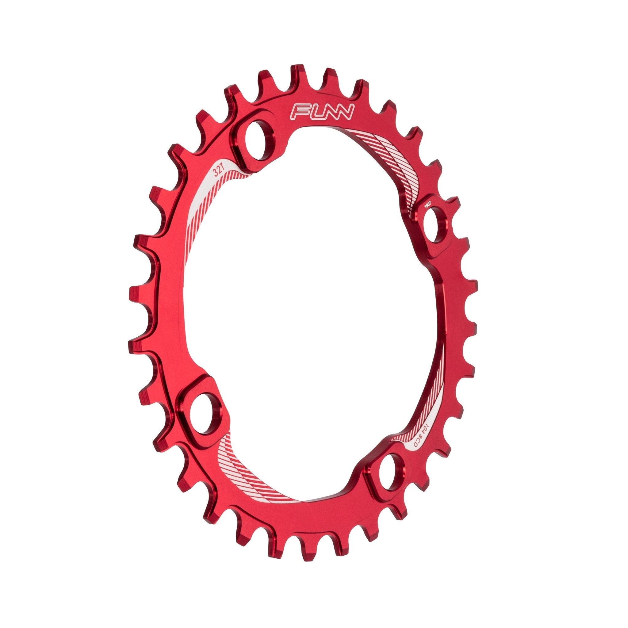 Red anodized FUNN Solo Narrow-Wide Chainring, 32t, CNC alloy, 104mm BCD with alternating teeth for secure MTB drivetrains