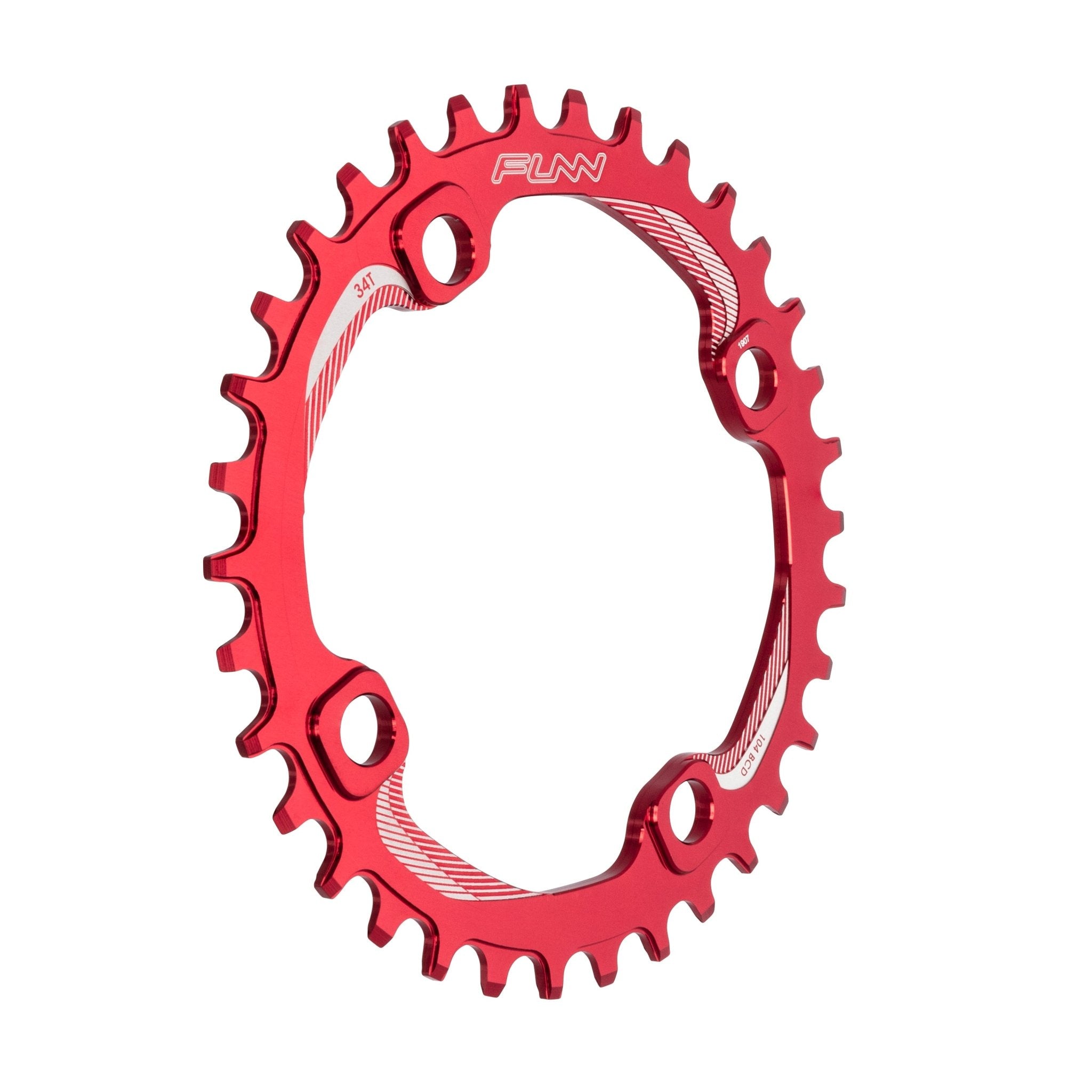 Red aluminum FUNN Solo Narrow-Wide Chainring, 34t with 104mm BCD, narrow-wide teeth for secure single-ring MTB drivetrain