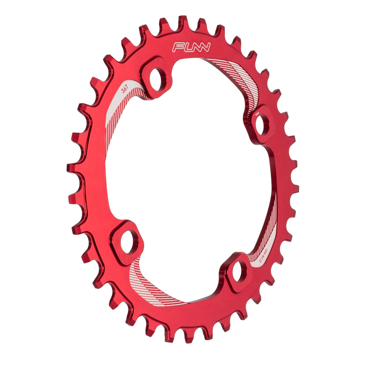 Red aluminum FUNN Solo Narrow-Wide Chainring 36t with 104mm BCD, round profile and machined teeth for 1x MTB drivetrains