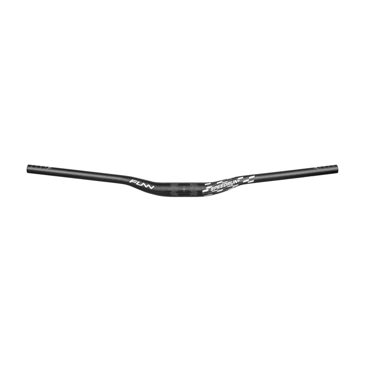Black aluminum FUNN Speedrun Junior Handlebar with slight rise, white graphics, lightweight MTB bar for kids’ mountain bikes