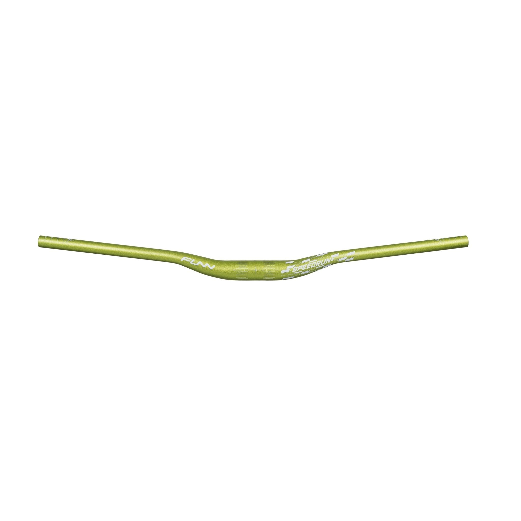 FUNN Speedrun Junior Handlebar, green alloy riser bar for kids’ mountain bikes, lightweight curved design with white graphics